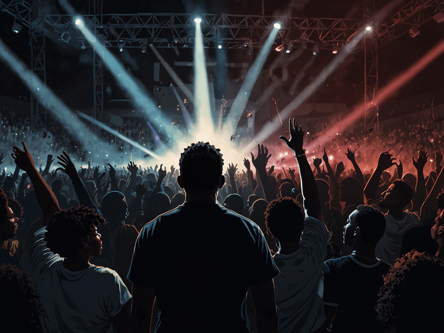 A close-up of Kendrick Lamar and SZA in a passionate duet, highlighting their chemistry and emotional connection to the audience at a sell-out concert venue.