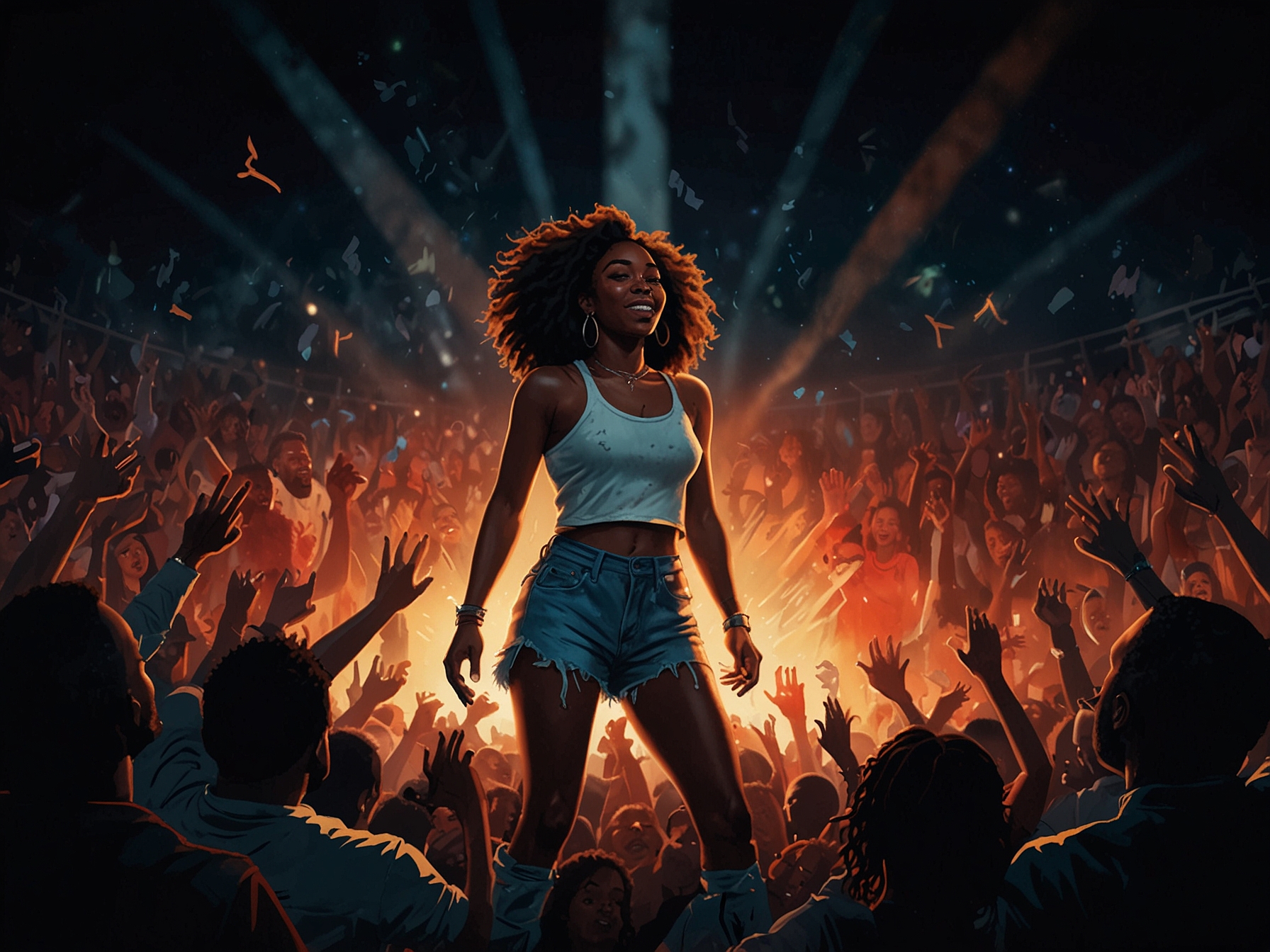 An artistic representation of the Grand National Tour poster, featuring Kendrick Lamar and SZA's silhouettes against a backdrop of iconic American landmarks.