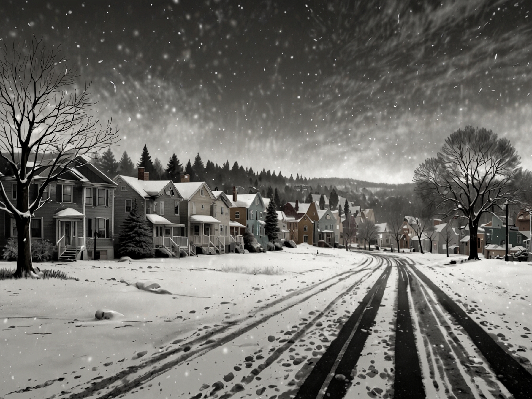 A picturesque scene of Watertown blanketed in snow, with swirling flakes against a backdrop of wind-swept trees, showcasing the beauty yet danger of winter weather.