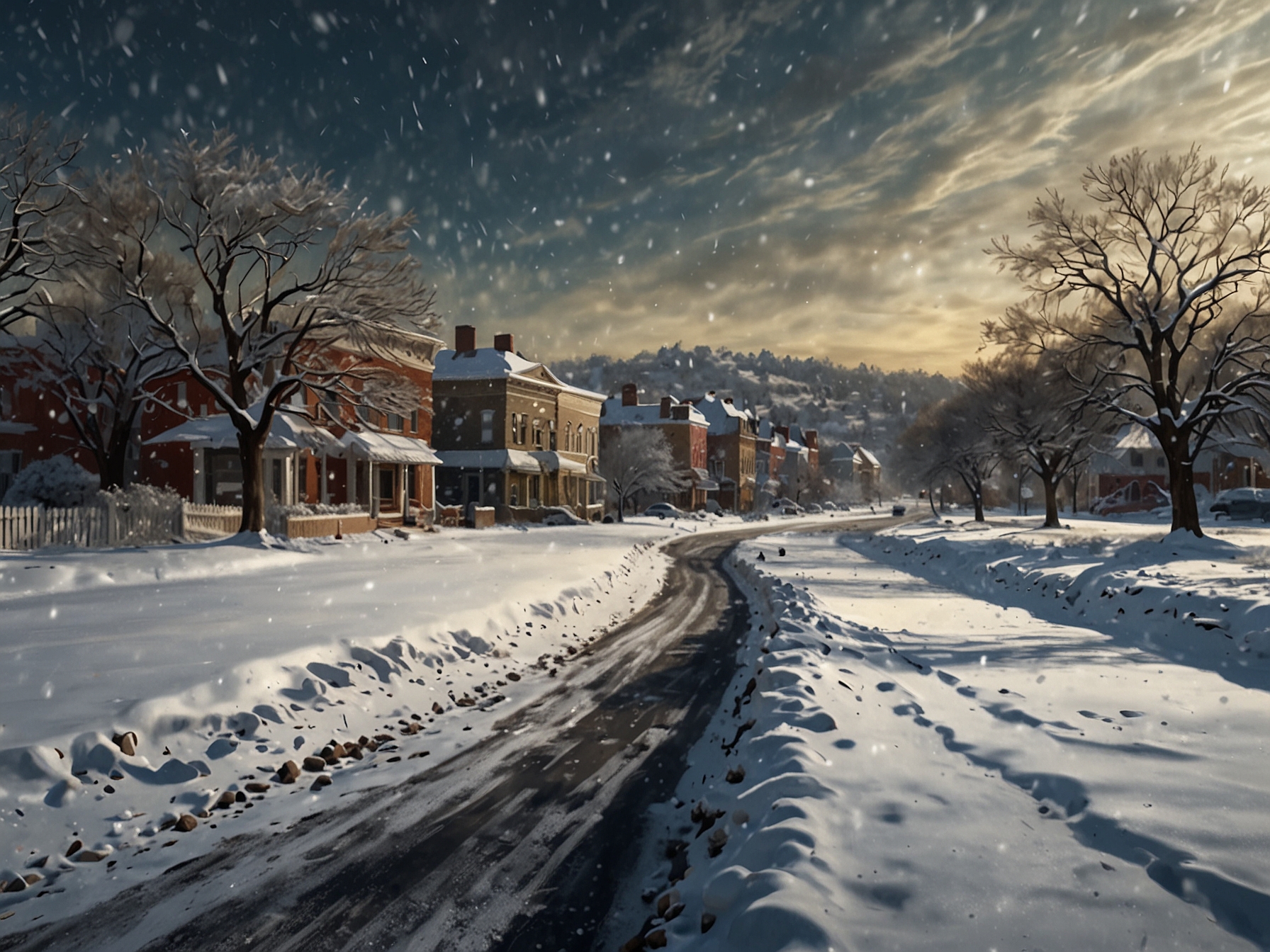 A snow-covered road in Watertown with a warning sign indicating hazardous conditions, emphasizing the importance of travel safety during a severe winter storm.