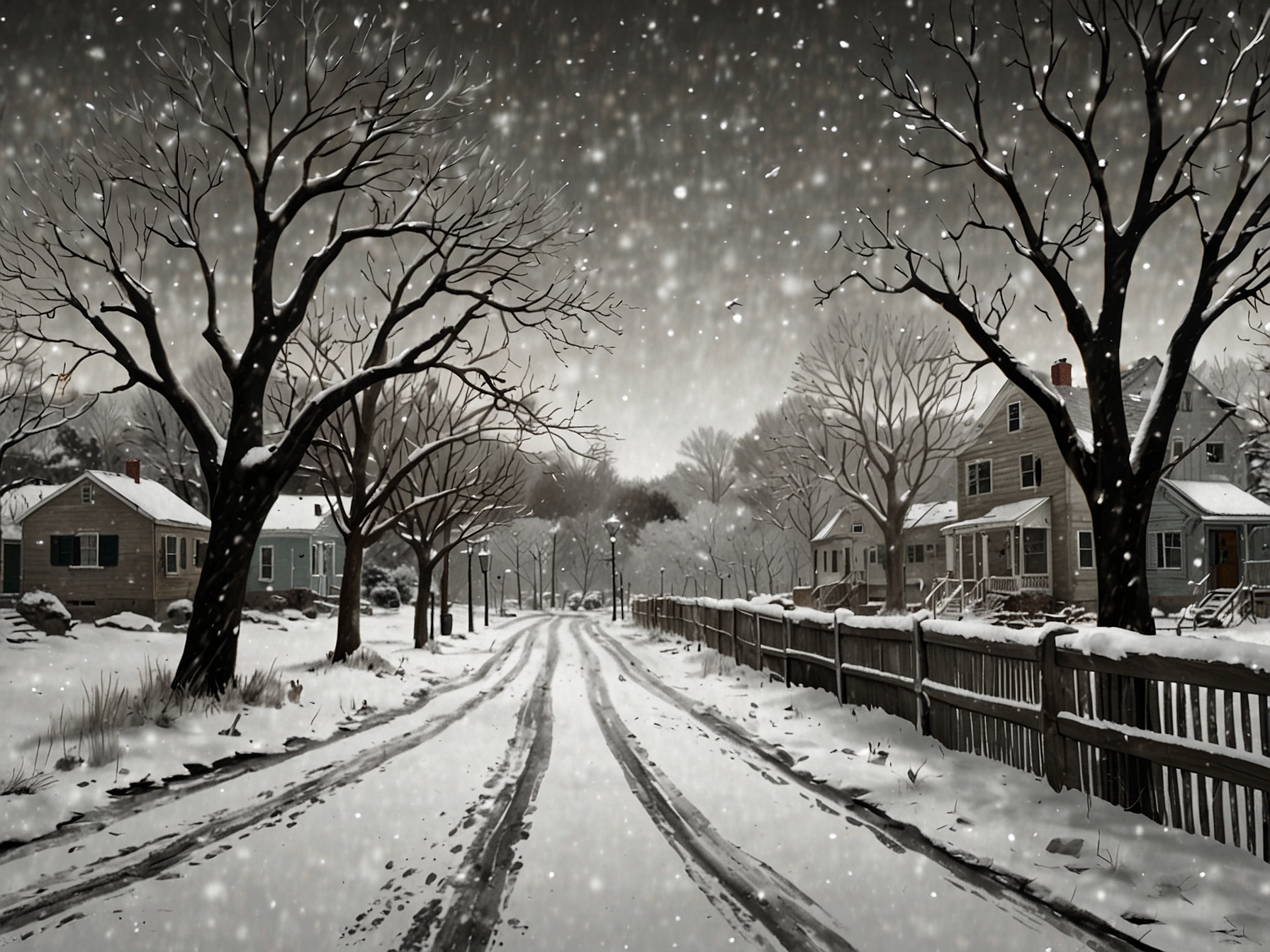 Residents preparing for a winter storm by securing outdoor items, with a backdrop of dark clouds and falling snow that signal the impending blizzard.
