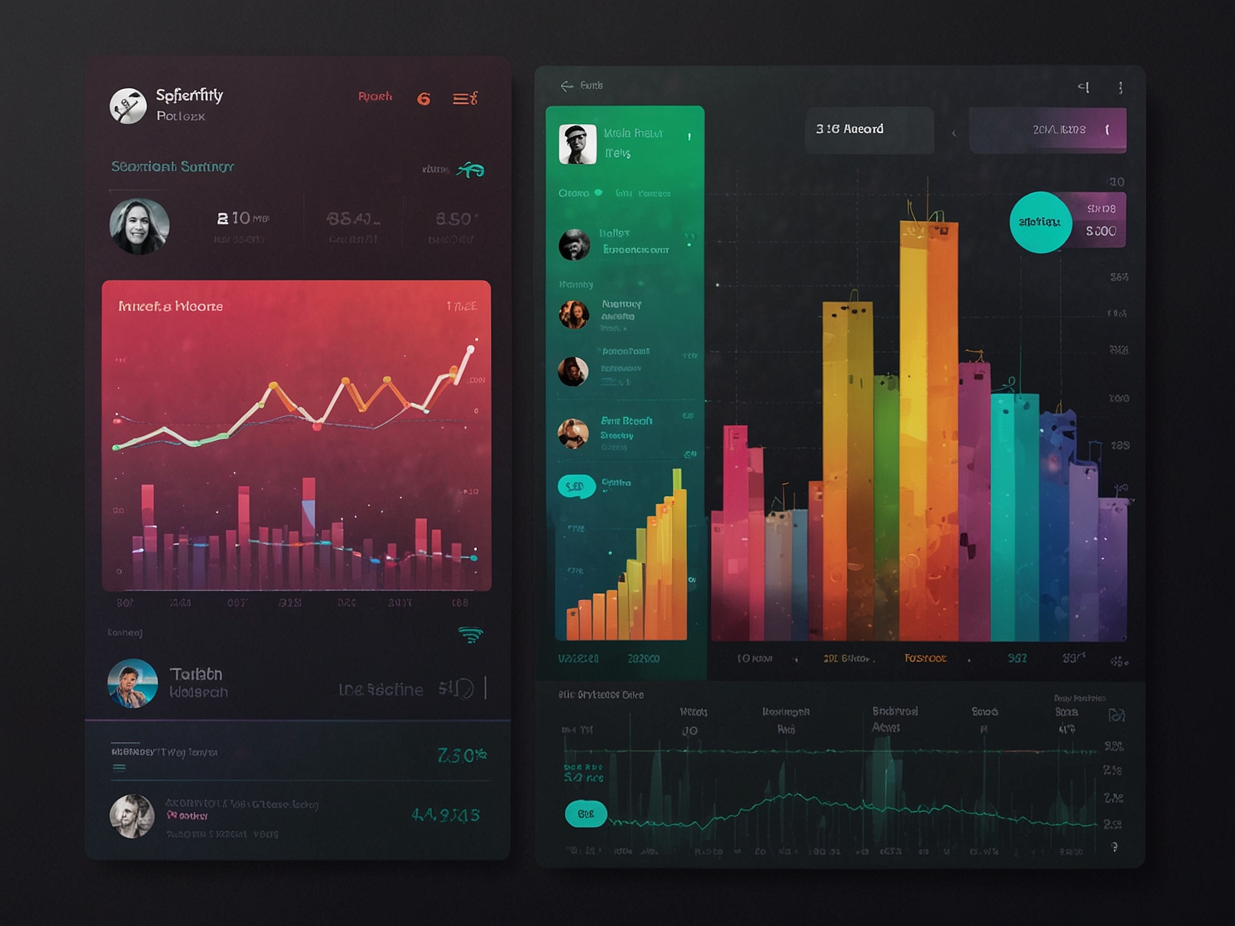 An illustration depicting the Spotify Wrapped 2024 interface, showing vibrant graphs and stats with colorful album covers representing users' top songs and artists.