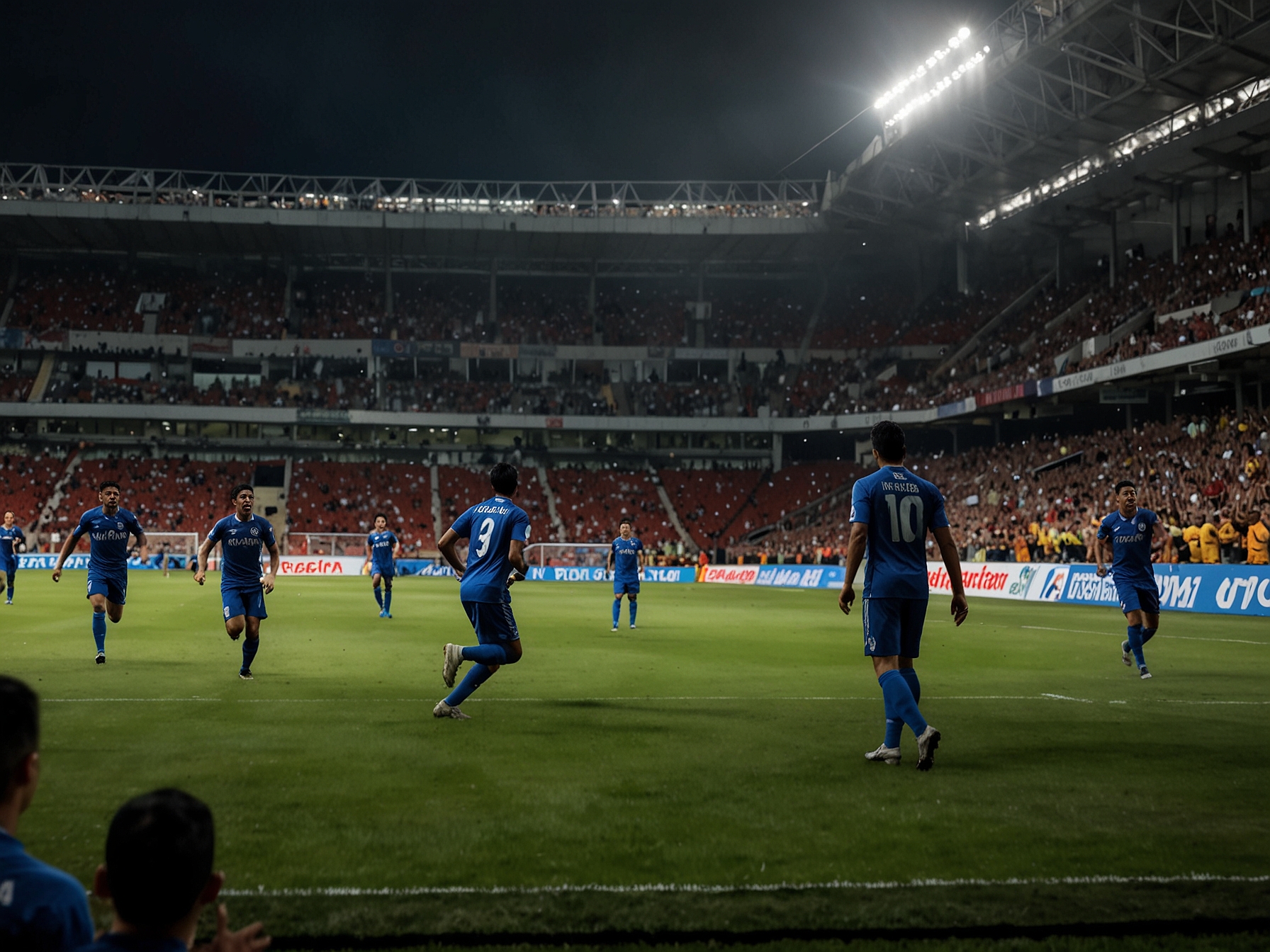 An action-packed moment from the match showing Arema FC players celebrating a goal with fans in the stands, capturing the excitement and energy of the game at Gelora Soepriadi.