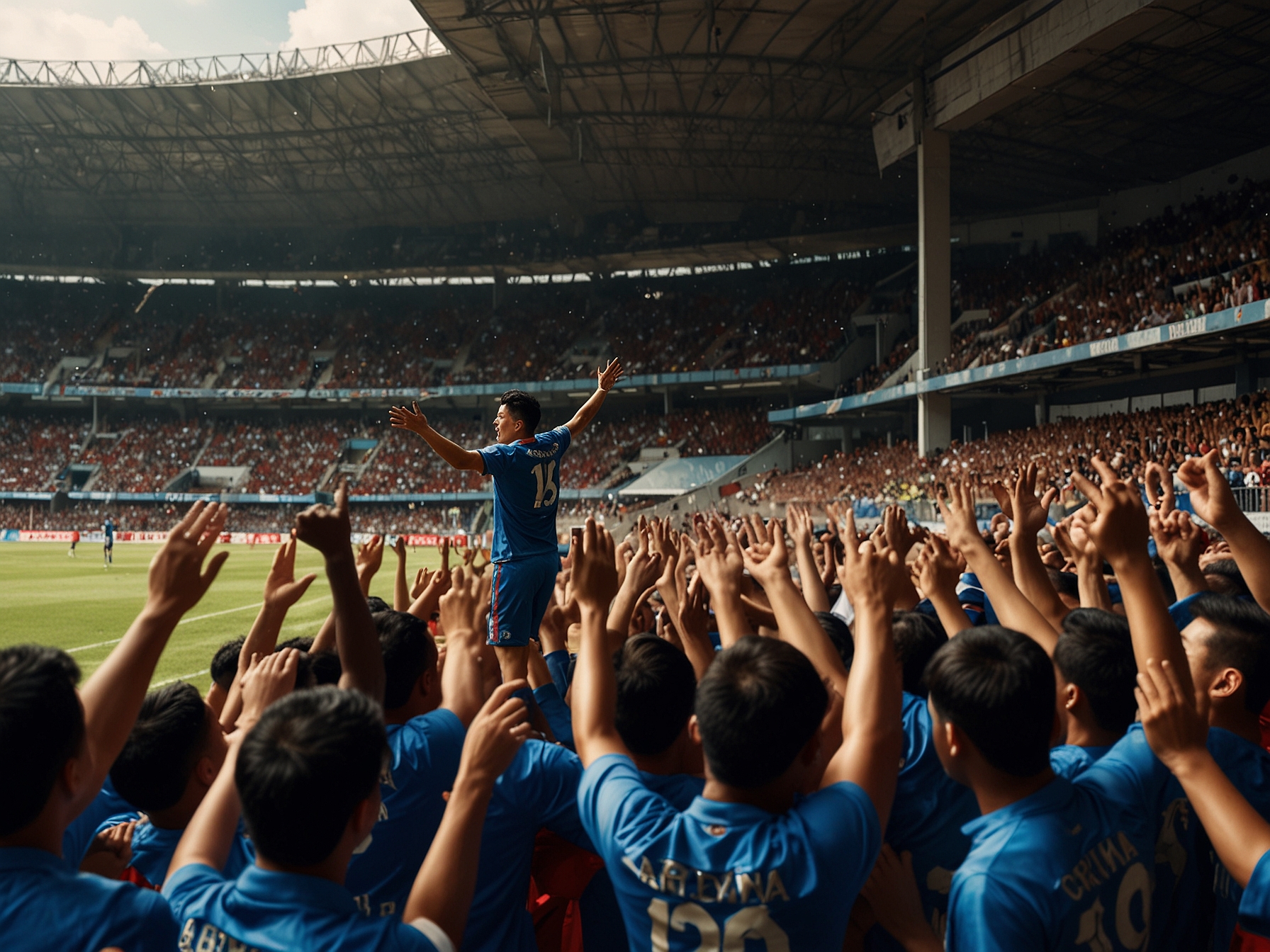 A close-up of Dedik Setiawan, celebrating his goal with teammates, showcasing the joy and teamwork after a key moment that set the tone for Arema FC's victory.