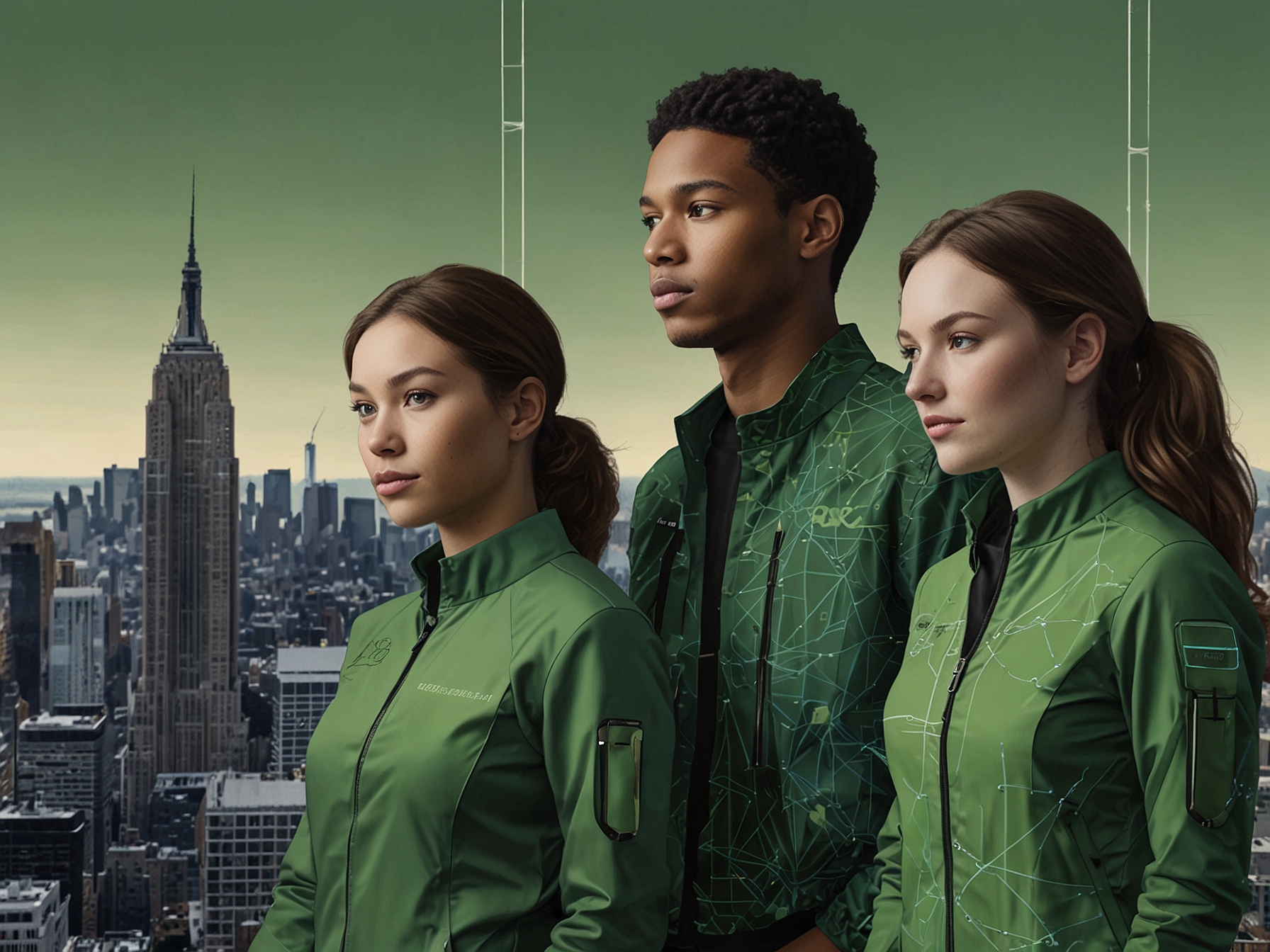 A dynamic collage showing young innovators like Jared Quincy Davis, Serena Ge, and Julia Lamb, symbolizing innovation in AI and Green Tech against an inspiring backdrop of futuristic cityscapes.