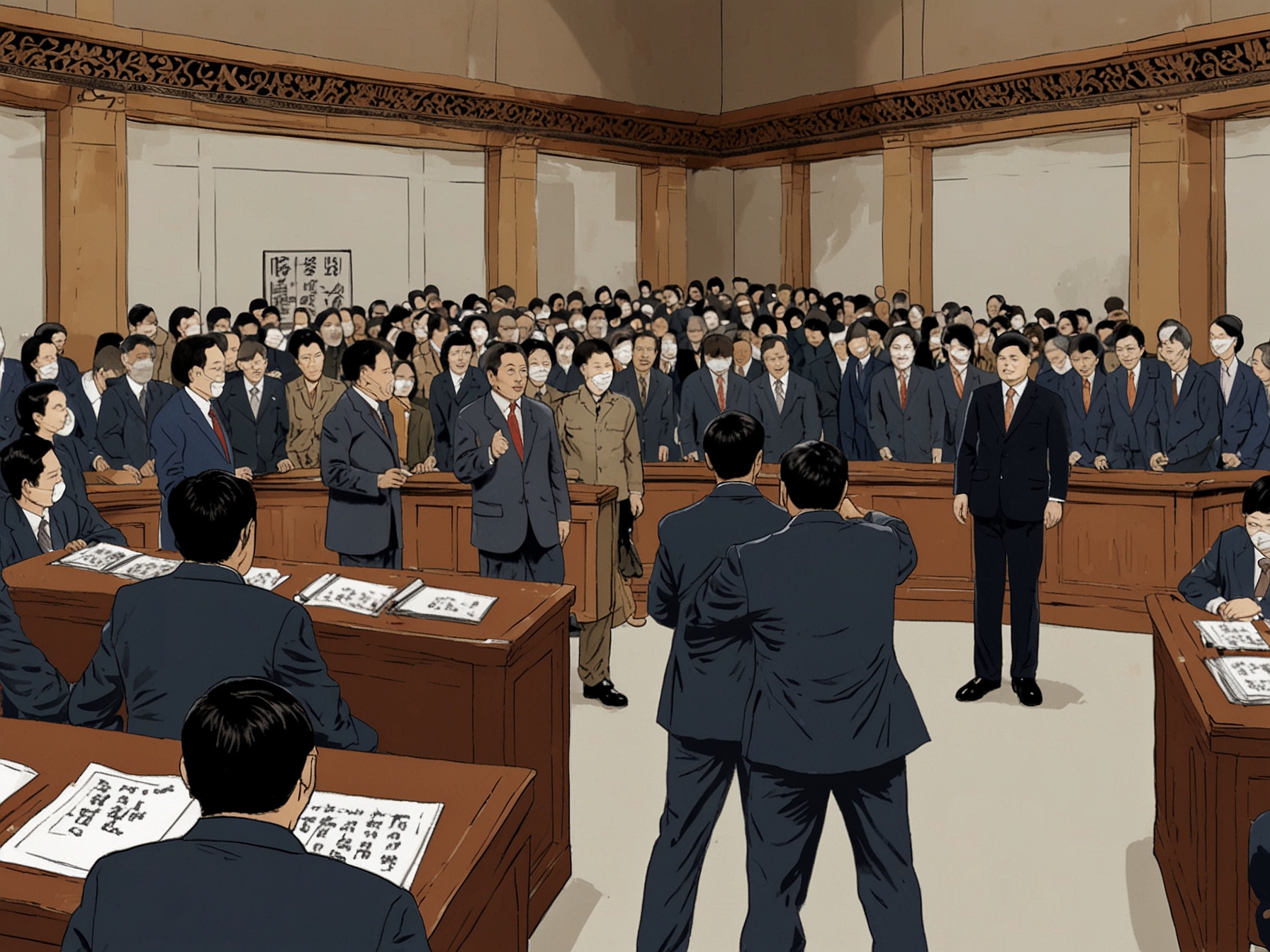 An intense scene in South Korea's parliament with lawmakers clashing against military police, depicting the chaos and urgency of the situation during the emergency military rule declaration.