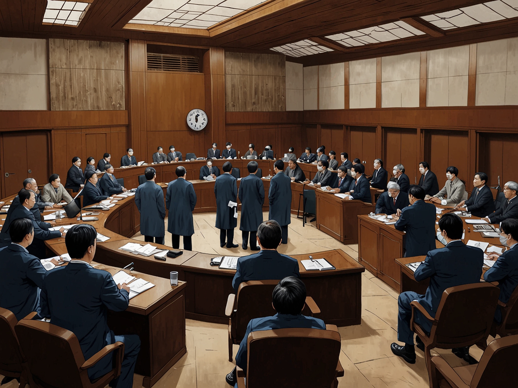 A close-up of President Yoon Suk-yeol addressing the nation, surrounded by concerned citizens holding protest signs demonstrating their discontent with his leadership.