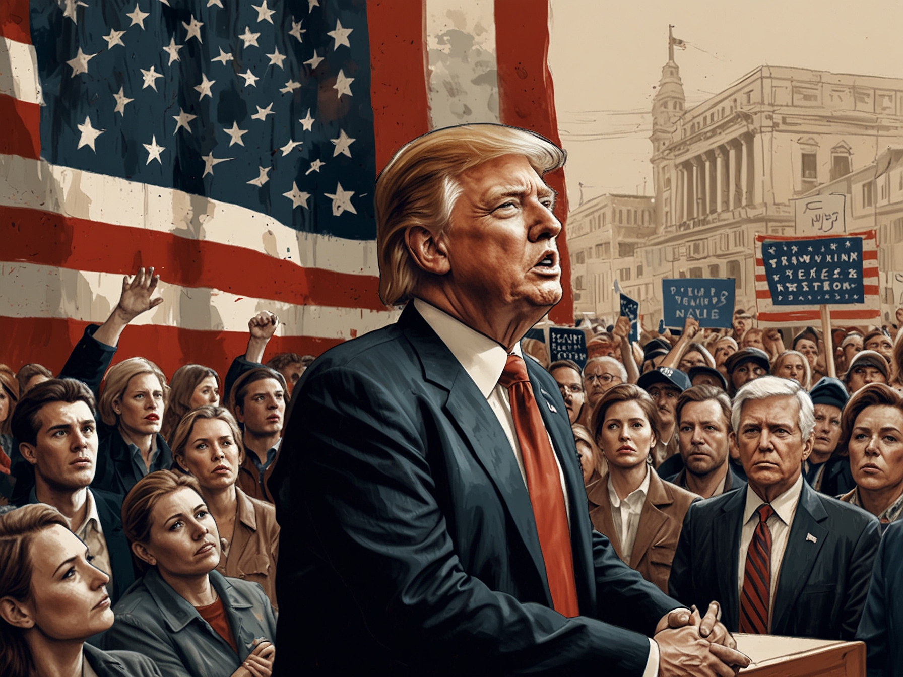 A powerful image captures a tense Trump rally, filled with passionate supporters and protestors, reflecting the tumult of his campaign amid serious threats.