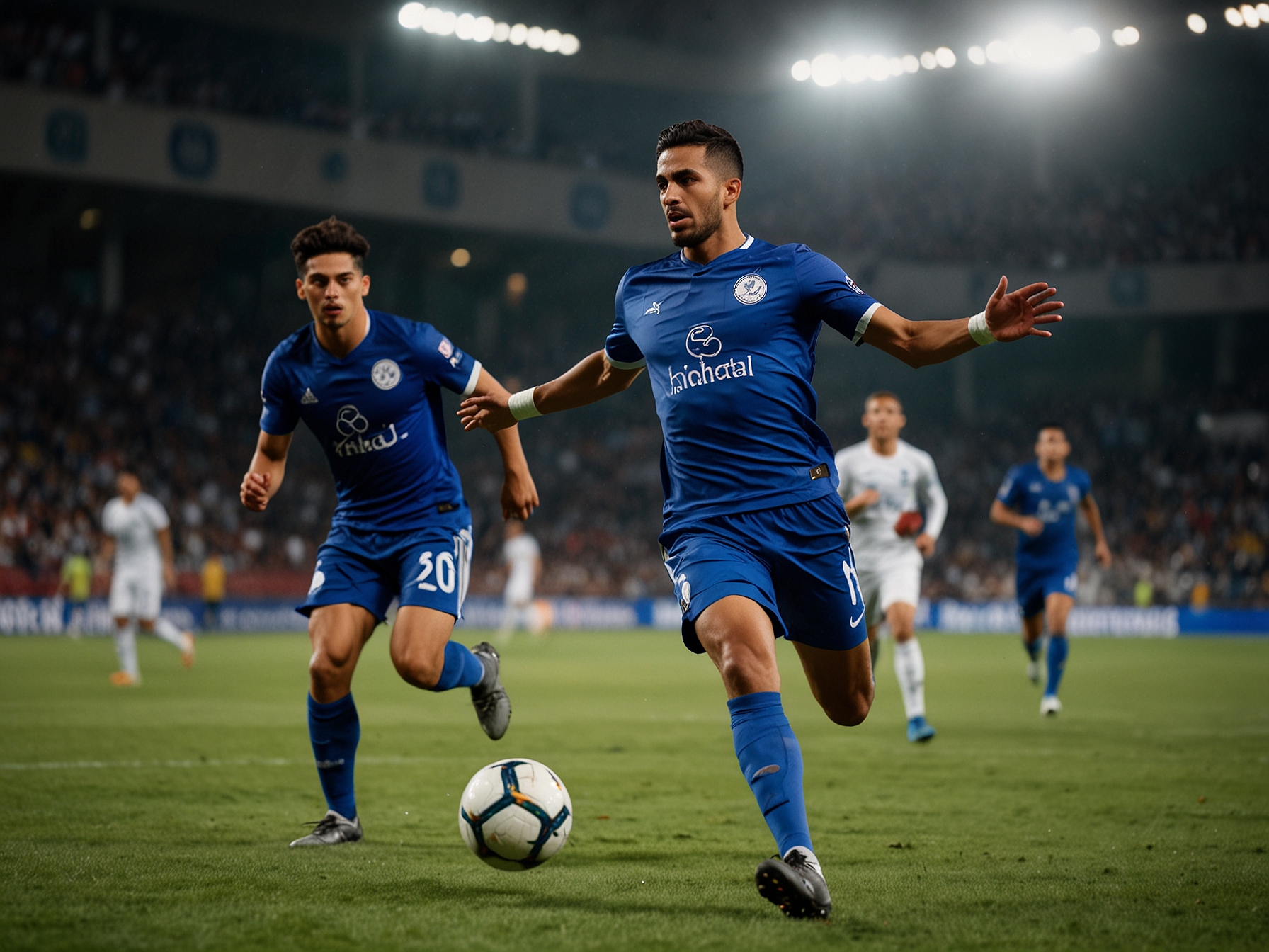 An action shot of Al Hilal and Al Gharafa players battling for the ball during a soccer match, showcasing their intensity and determination on the field. The vibrant crowd in the background adds to the electric atmosphere of the AFC Champions League.