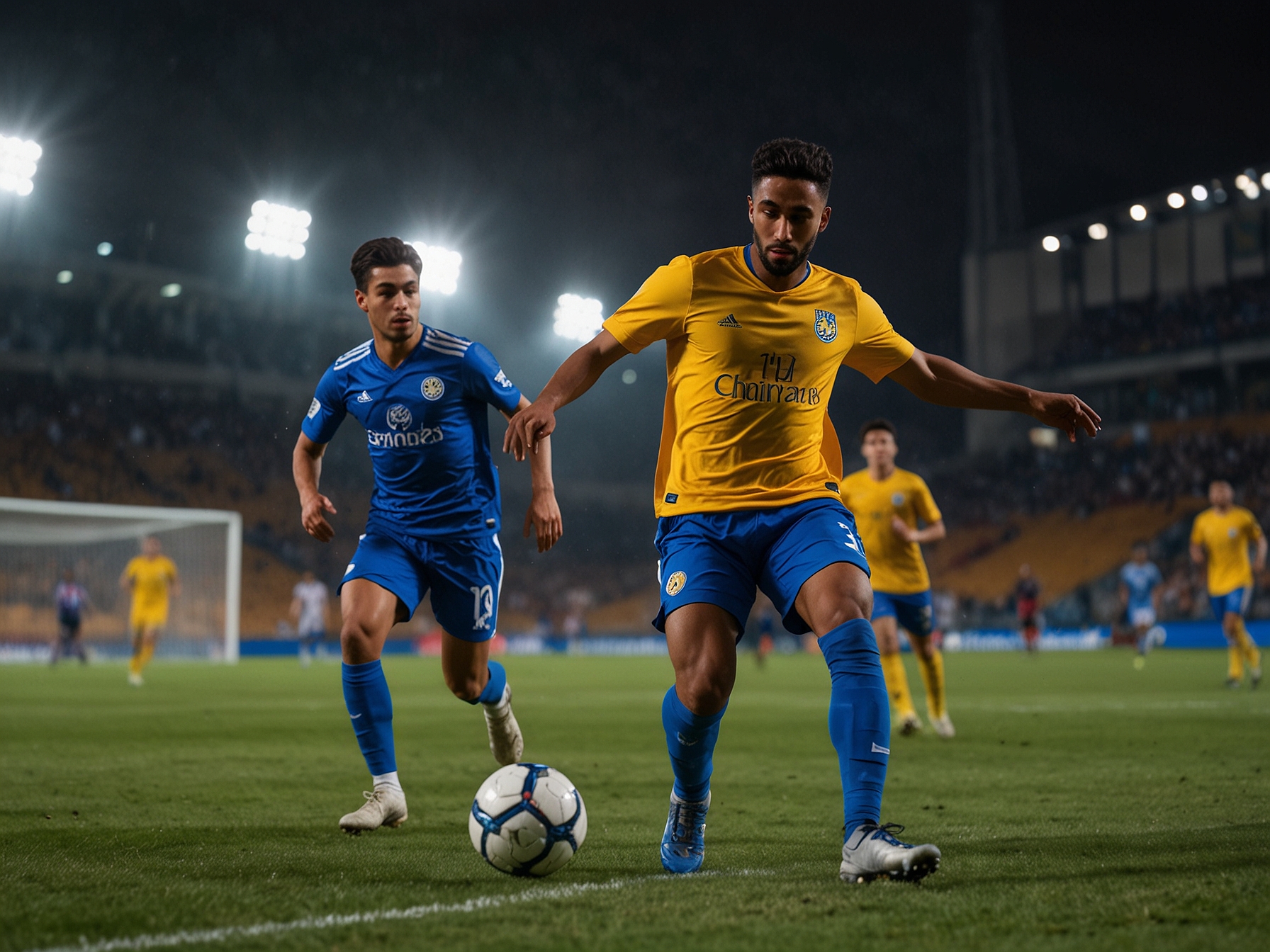 A split image showing the contrasting emotional states of Al Gharafa's players after conceding a goal versus Al Hilal's players celebrating, reflecting the stakes of the upcoming match.