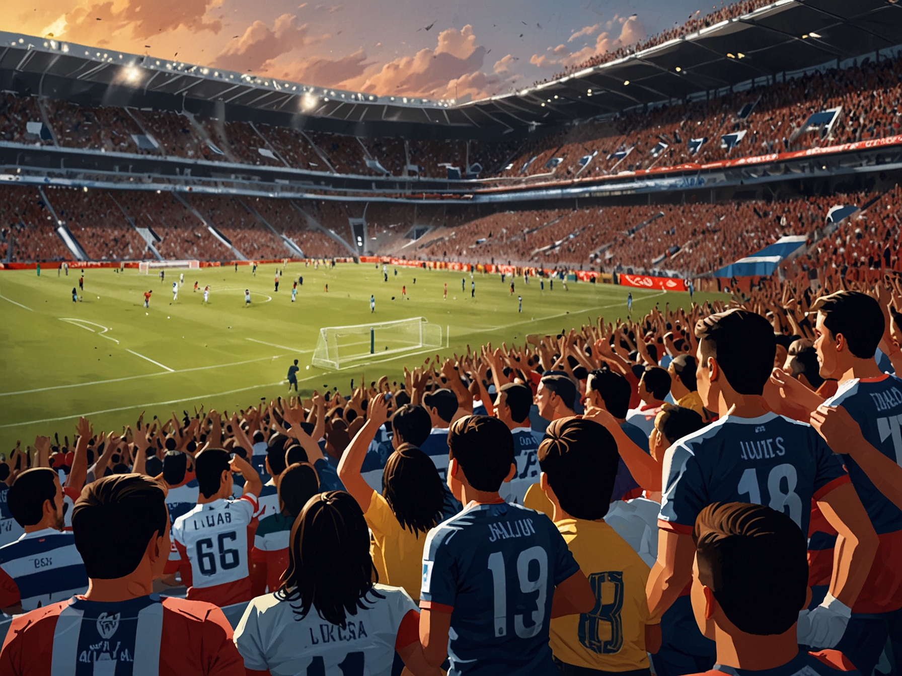 A vibrant scene of Estadio Alfonso Lastras, packed with fans wearing jerseys of Atlético de San Luis and Rayados, showcasing the thrilling atmosphere of the semifinal match.