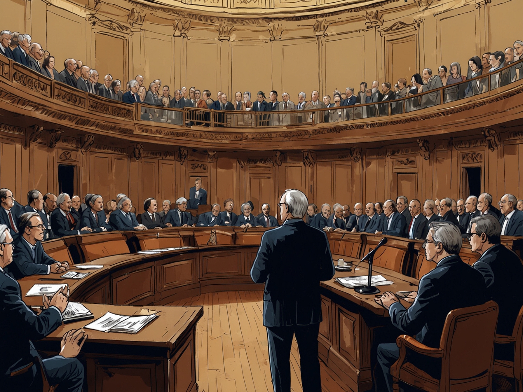An image capturing the National Assembly in France, with tense lawmakers debating, representing the political turmoil after Barnier's ousting.