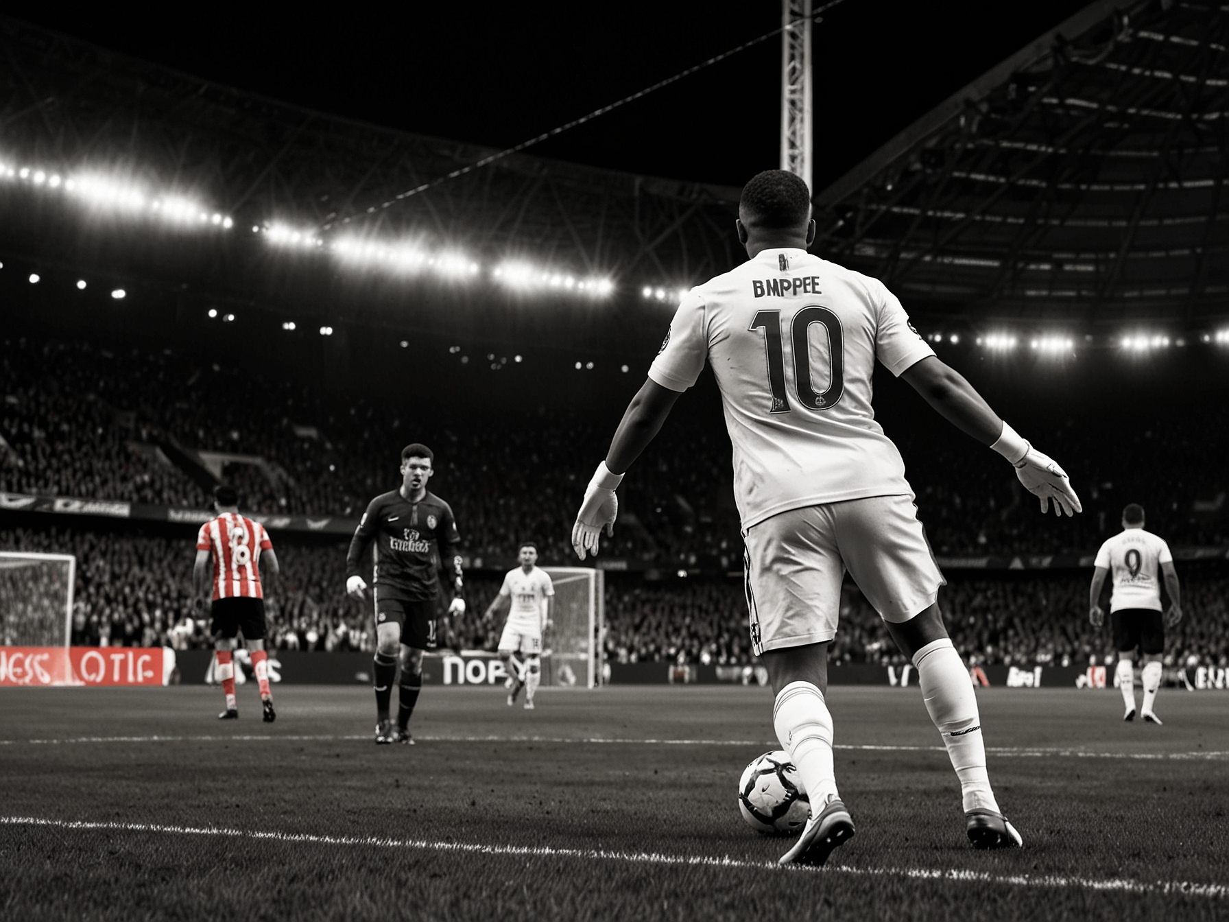 A tense moment on the pitch as Kylian Mbappé attempts a penalty against Athletic Bilbao's goalkeeper, who successfully blocks the shot amidst a backdrop of excited fans at San Mamés stadium.