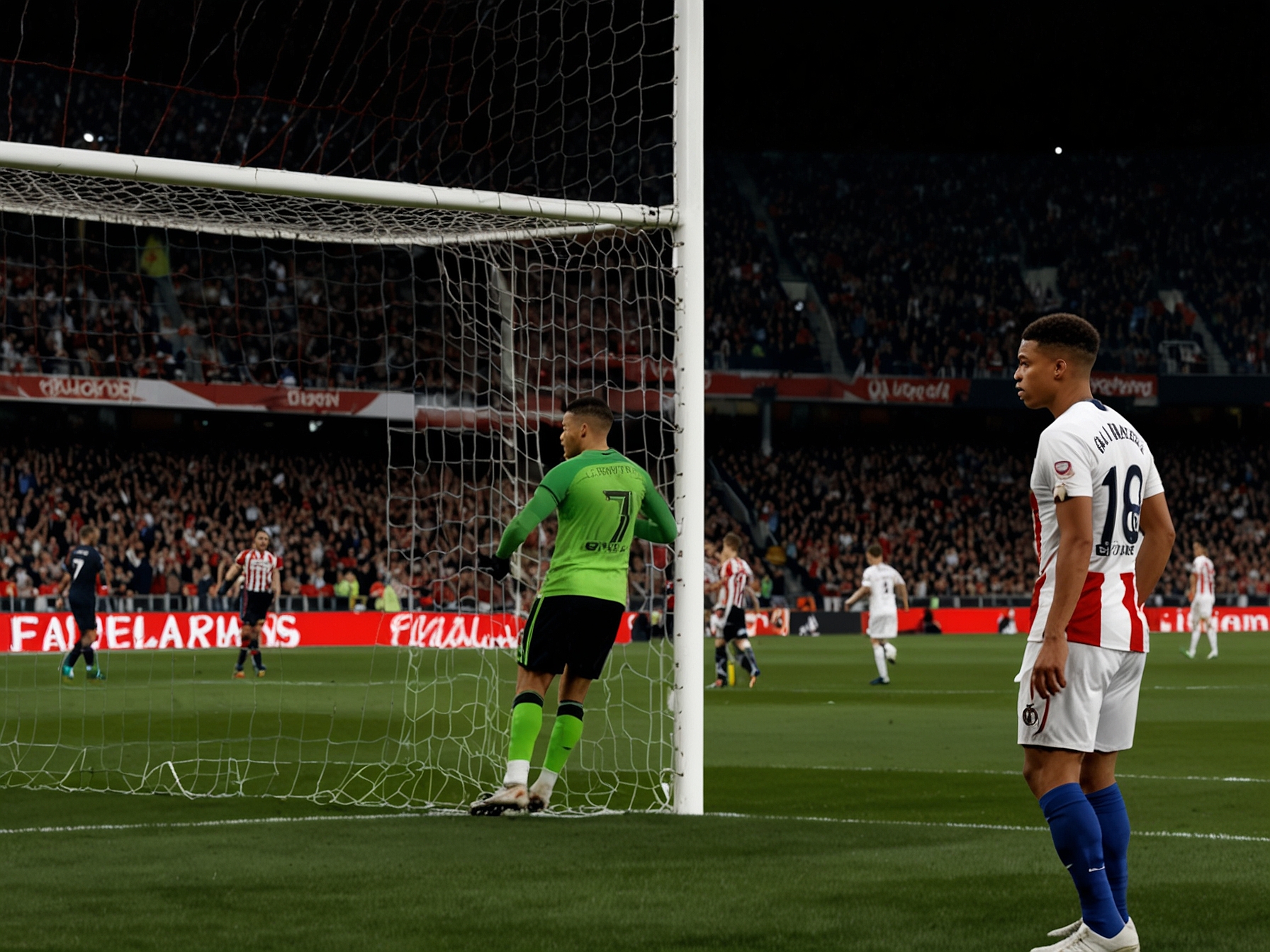 Jude Bellingham of Real Madrid scores an equalizing goal, with teammates rushing to celebrate as tension builds on the field during a fiercely contested La Liga match against Athletic Bilbao.