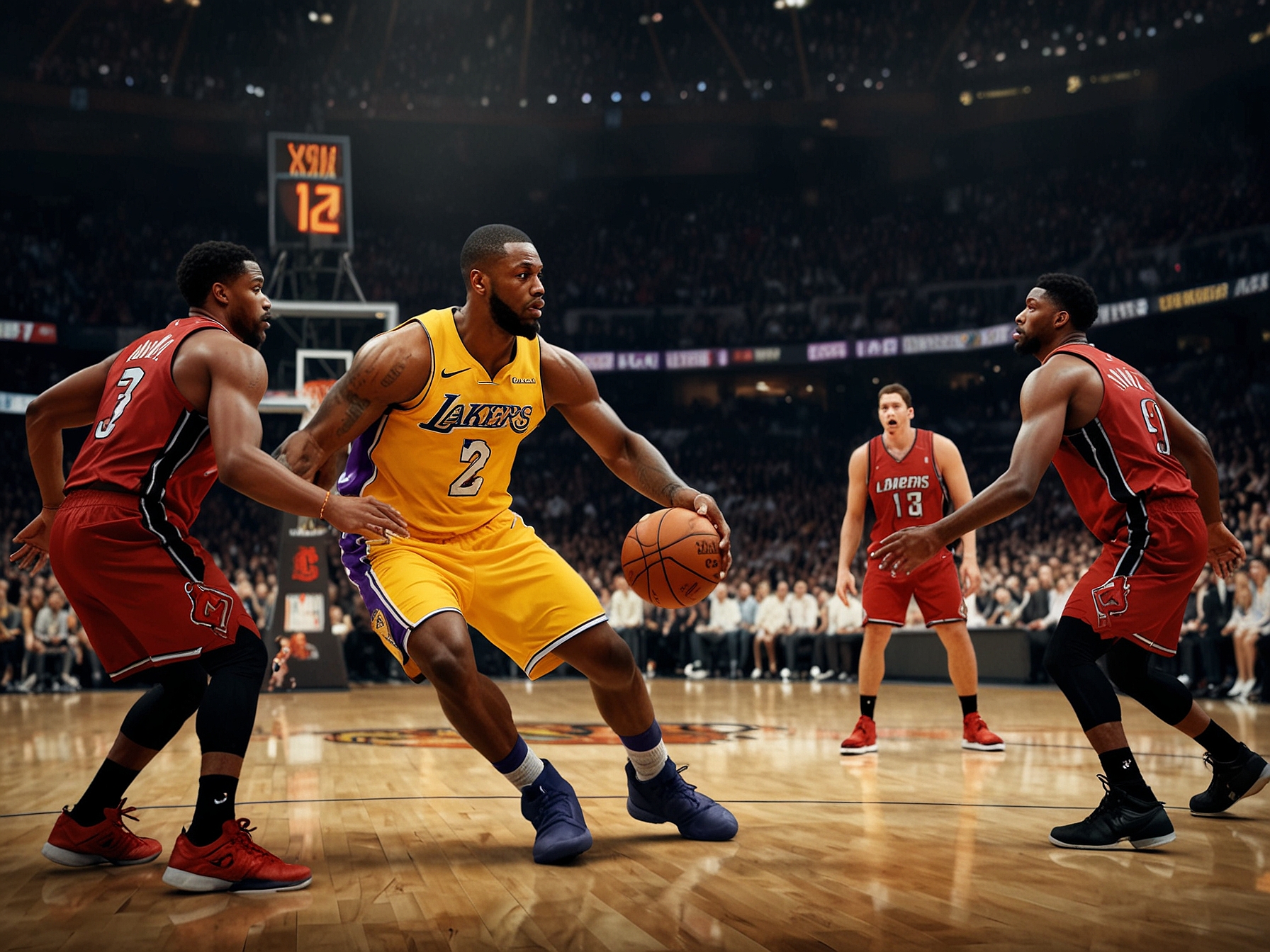 An image showing a tense moment during a Lakers vs. Heat game, capturing the intensity with players battling for the ball, crowd cheering in the background.