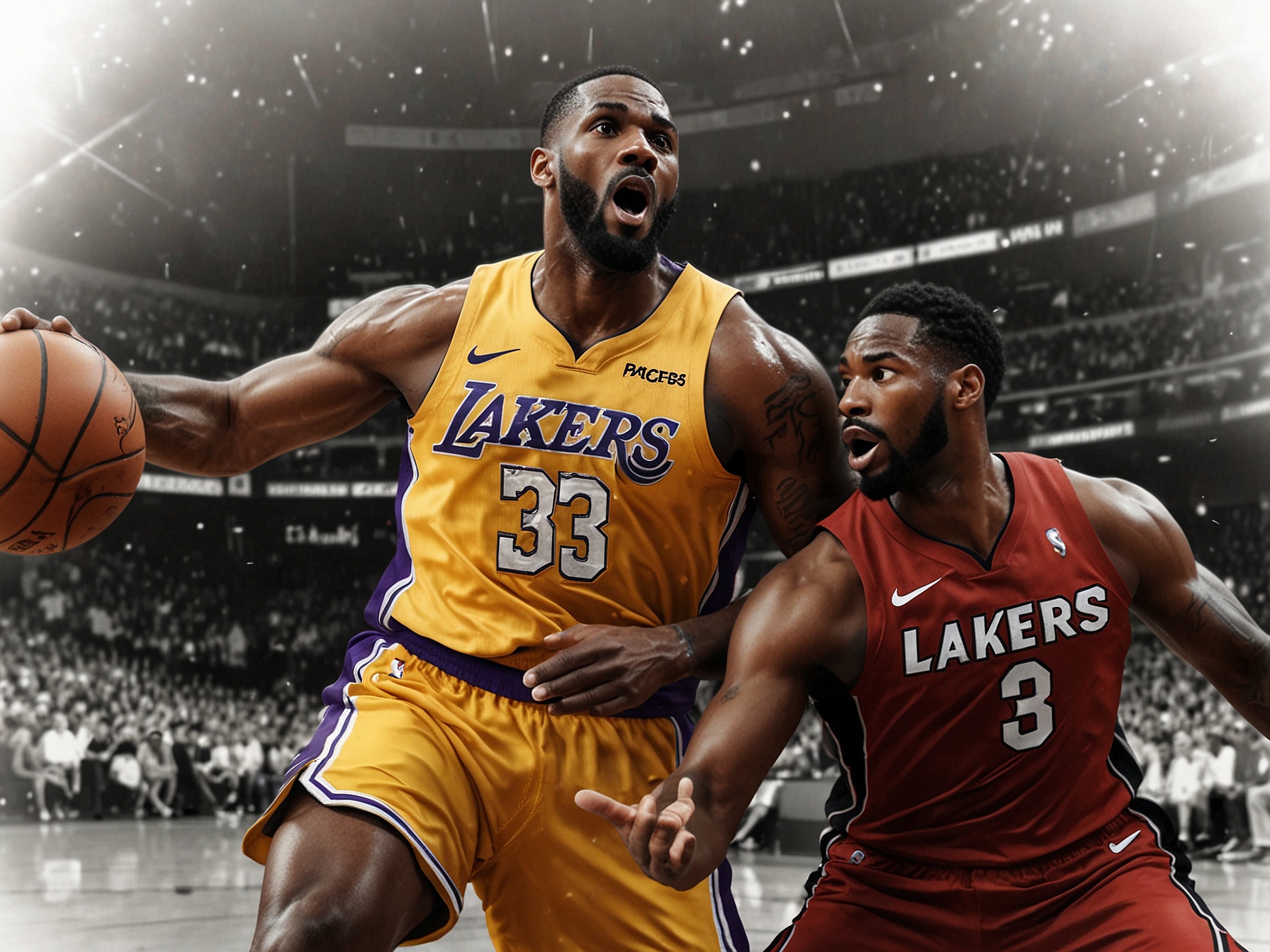 A graphic showcasing the arena’s enthusiastic crowd, with fans holding signs and wearing team jerseys, illustrating the electric atmosphere expected during the Lakers vs. Heat game.