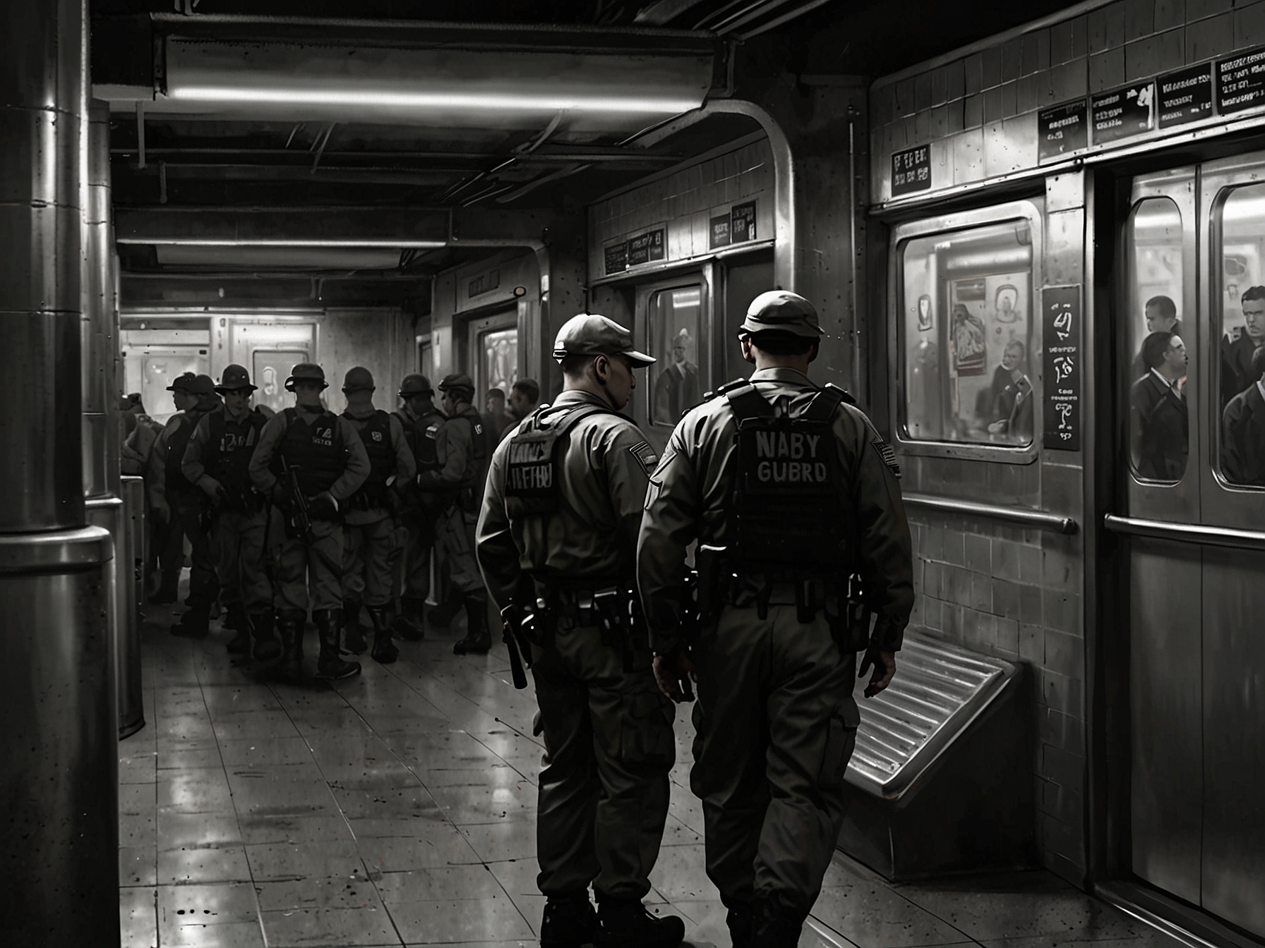 An image of a busy New York subway station, showcasing an increased presence of National Guard members in uniform, ensuring passenger safety and creating a sense of security amidst rising crime concerns.