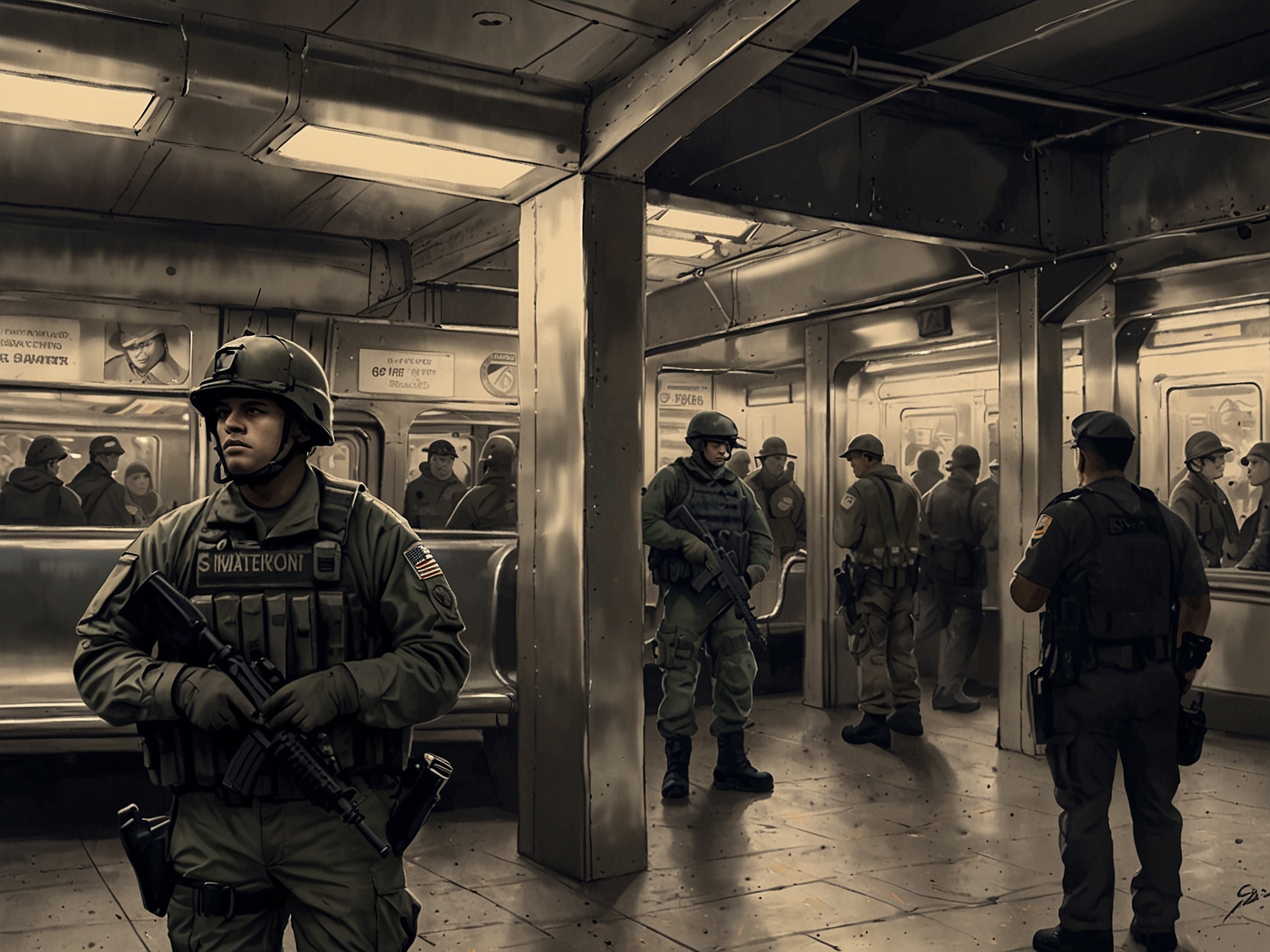 A concerned commuter standing on a subway platform, looking apprehensive as they wait for their train, reflecting the anxiety many riders feel about security in the urban transit system.