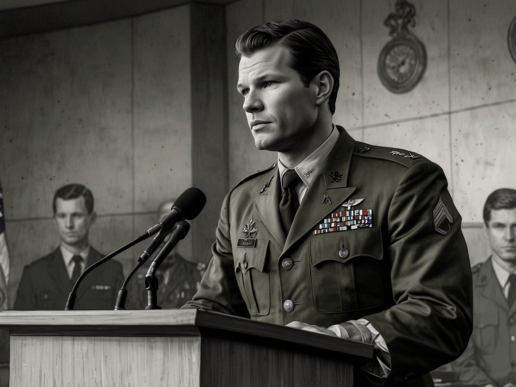 A split-screen image showing Pete Hegseth at military ceremonies on one side and reports of controversies on the other, highlighting the contrast in his public persona.