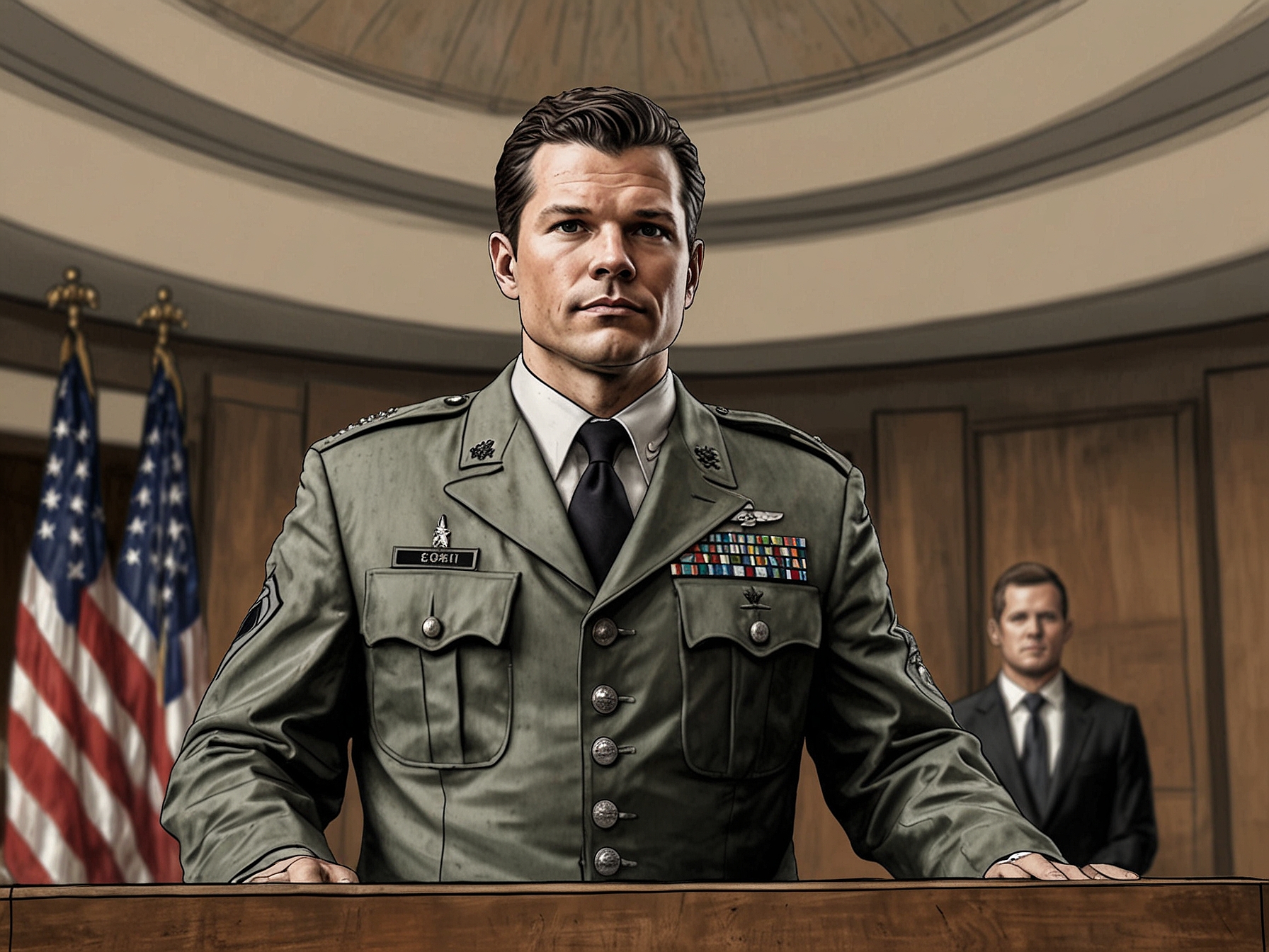 A visual representation of the Defense Department logo overlaying a blurred image of Pete Hegseth, symbolizing the challenges he faces in securing a role in the Pentagon.