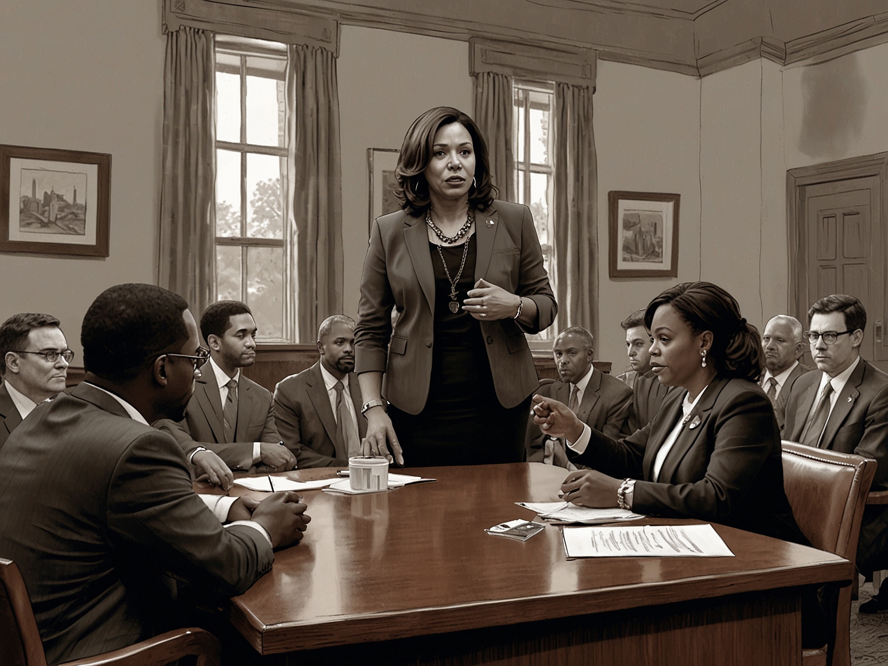 An intense caucus meeting in Thornton Township showcasing political tension, with Mayor Tiffany Henyard looking distressed while attendees discuss Harris's unexpected nomination.