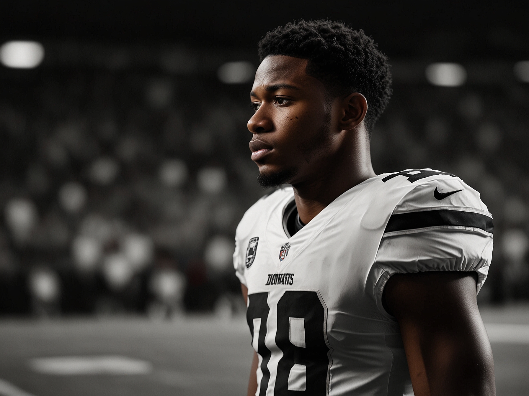 A close-up of Lamar Jackson speaking to reporters, with a concerned expression, emphasizing the importance of team unity and support for teammates like Diontae Johnson amidst controversy.