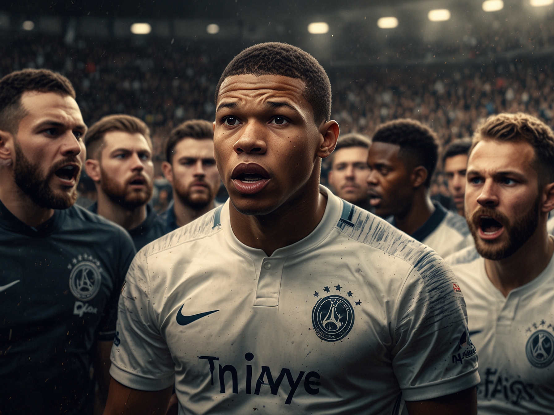 An intense moment from the match where Kylian Mbappé stands at the penalty spot, surrounded by anxious teammates and a screaming crowd, reflecting the weight of expectations on his shoulders.