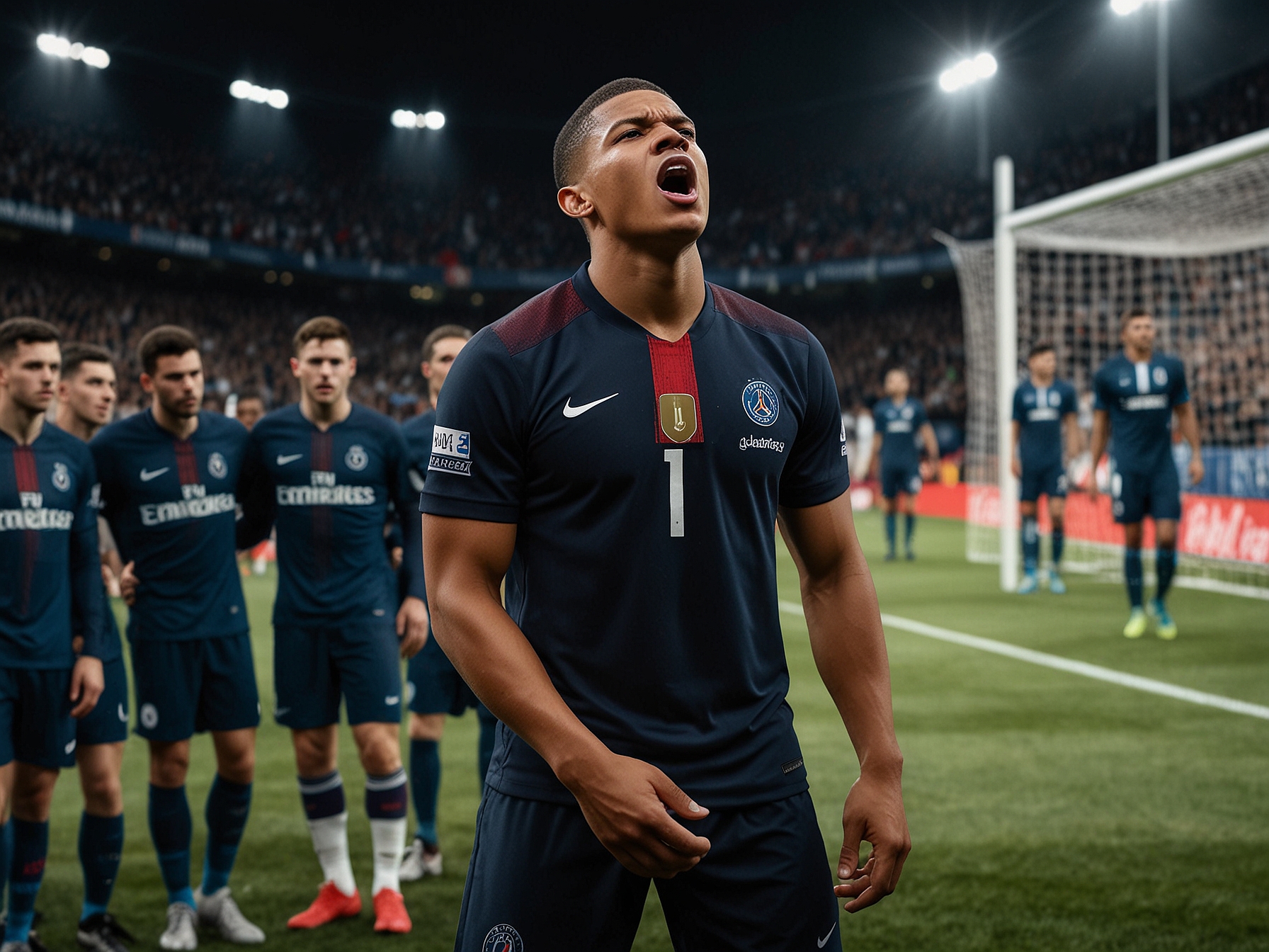 Kylian Mbappé running up the field in frustration after missing the penalty, with his body language illustrating the struggle athletes endure amidst intense pressure and expectations.