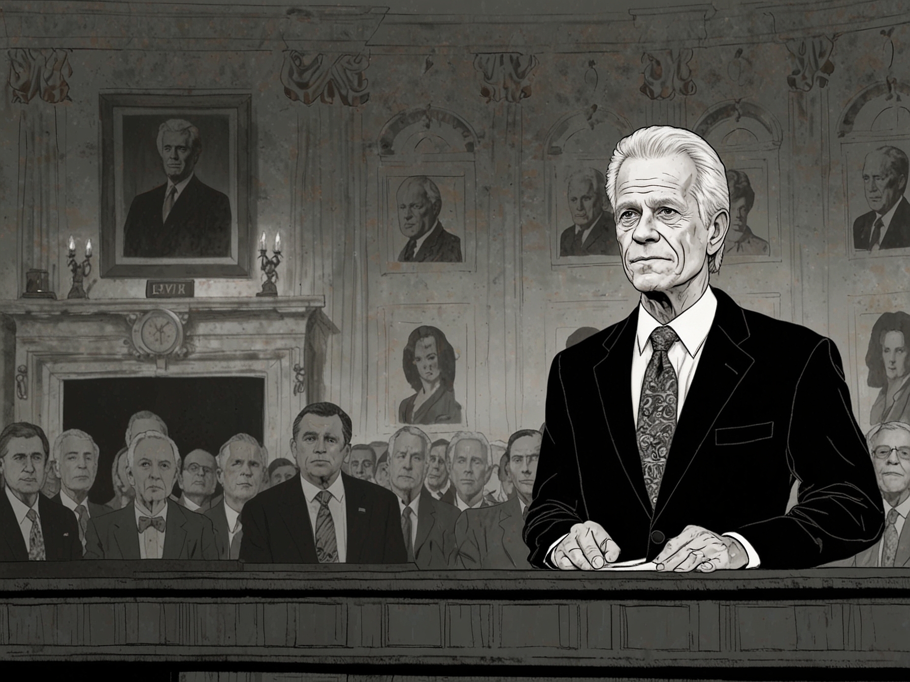 An image capturing Peter Navarro speaking at a podium, with a backdrop of the White House, highlighting the controversy surrounding his return to a senior role. The expression on his face reflects confidence amidst divided opinions. 