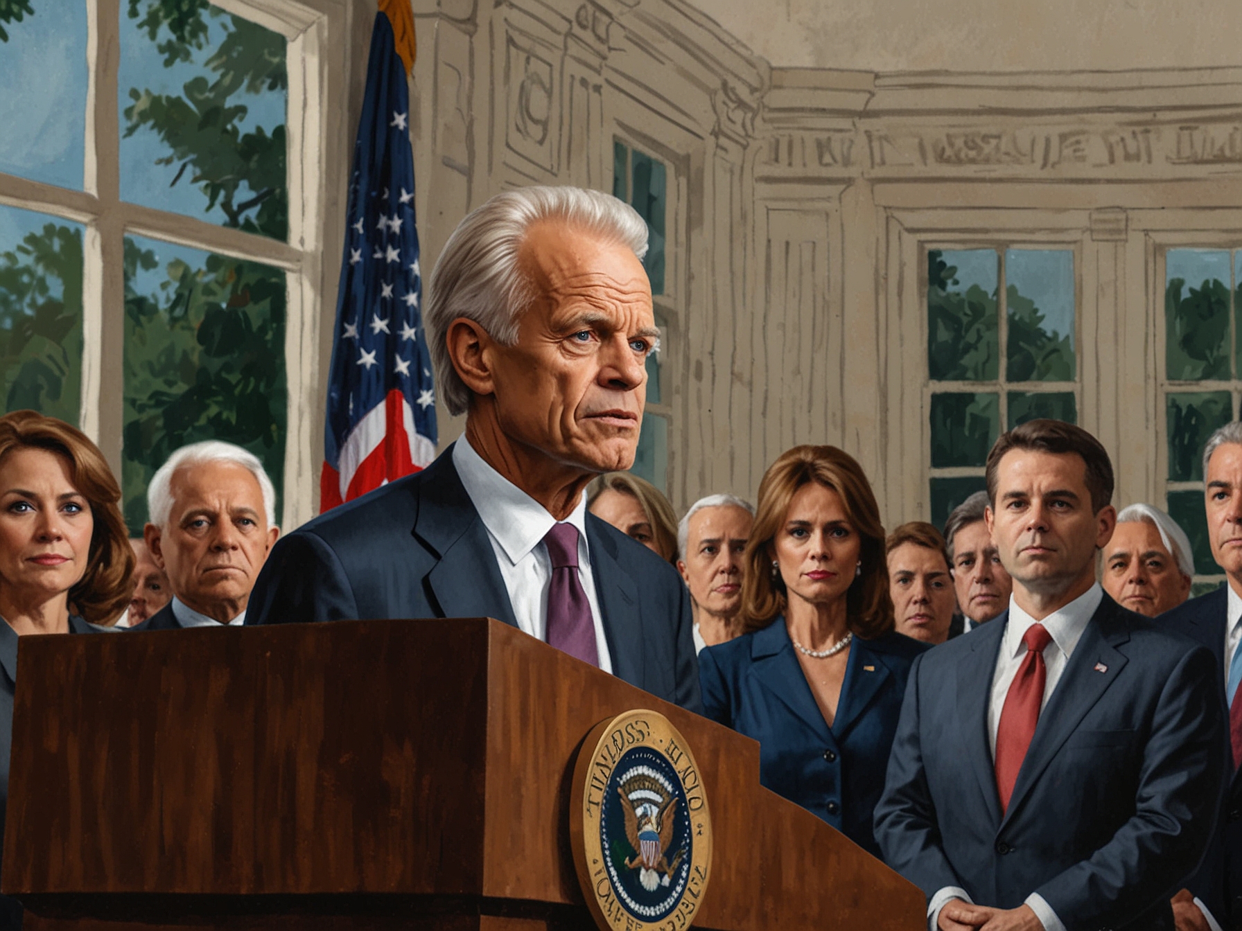 A visual depiction of a divided crowd at a political rally, showcasing supporters cheering for Navarro, symbolizing the polarized views on his appointment and the discussions it ignites about democracy and trade.
