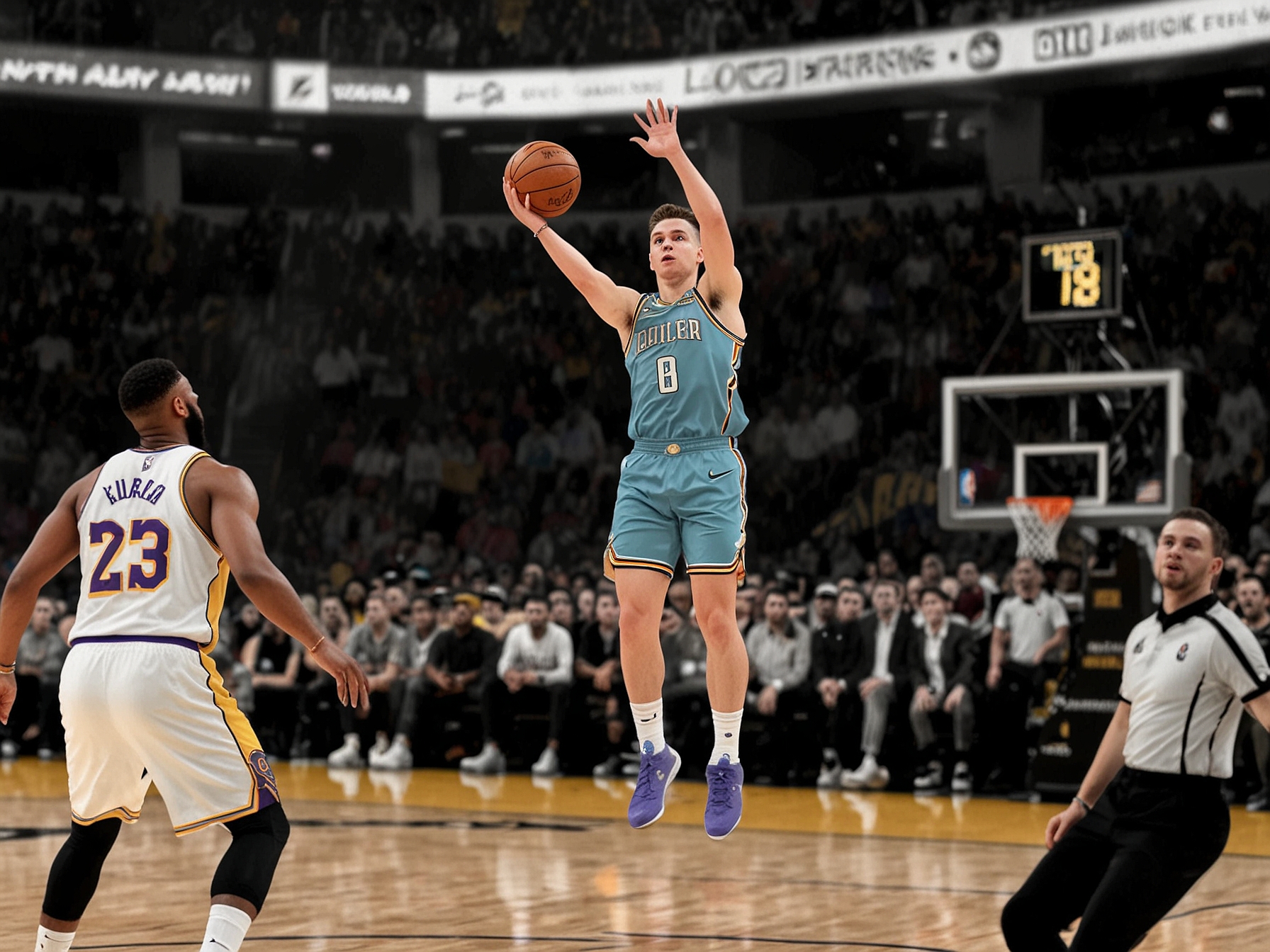 An action-packed scene showing Tyler Herro making a three-pointer against the Los Angeles Lakers during the game, with fans cheering in the background.