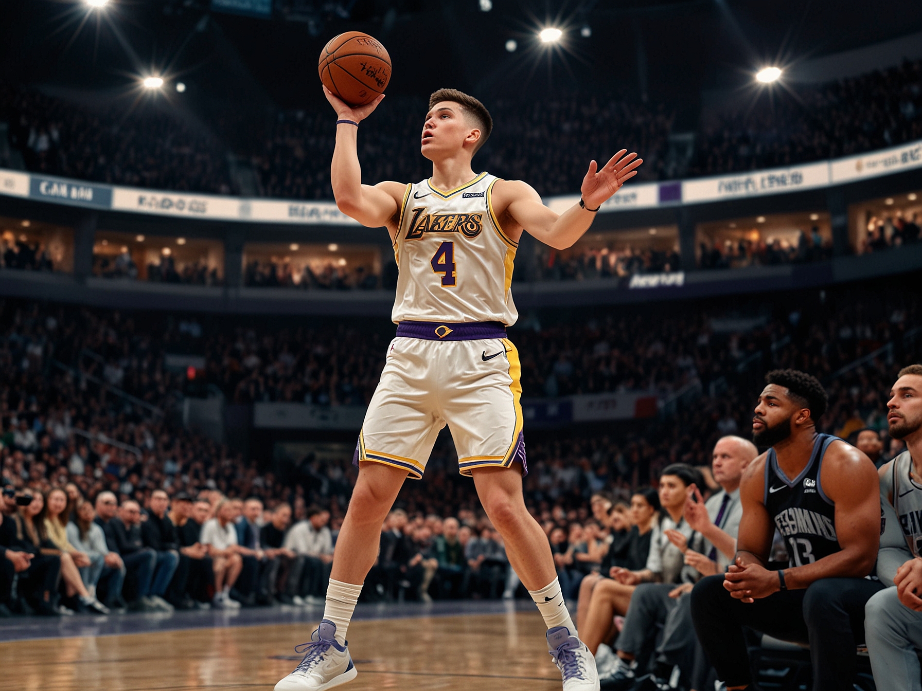LeBron James of the Lakers looking determined as he scores a three-pointer, capturing a moment of individual brilliance amidst his team's struggles.