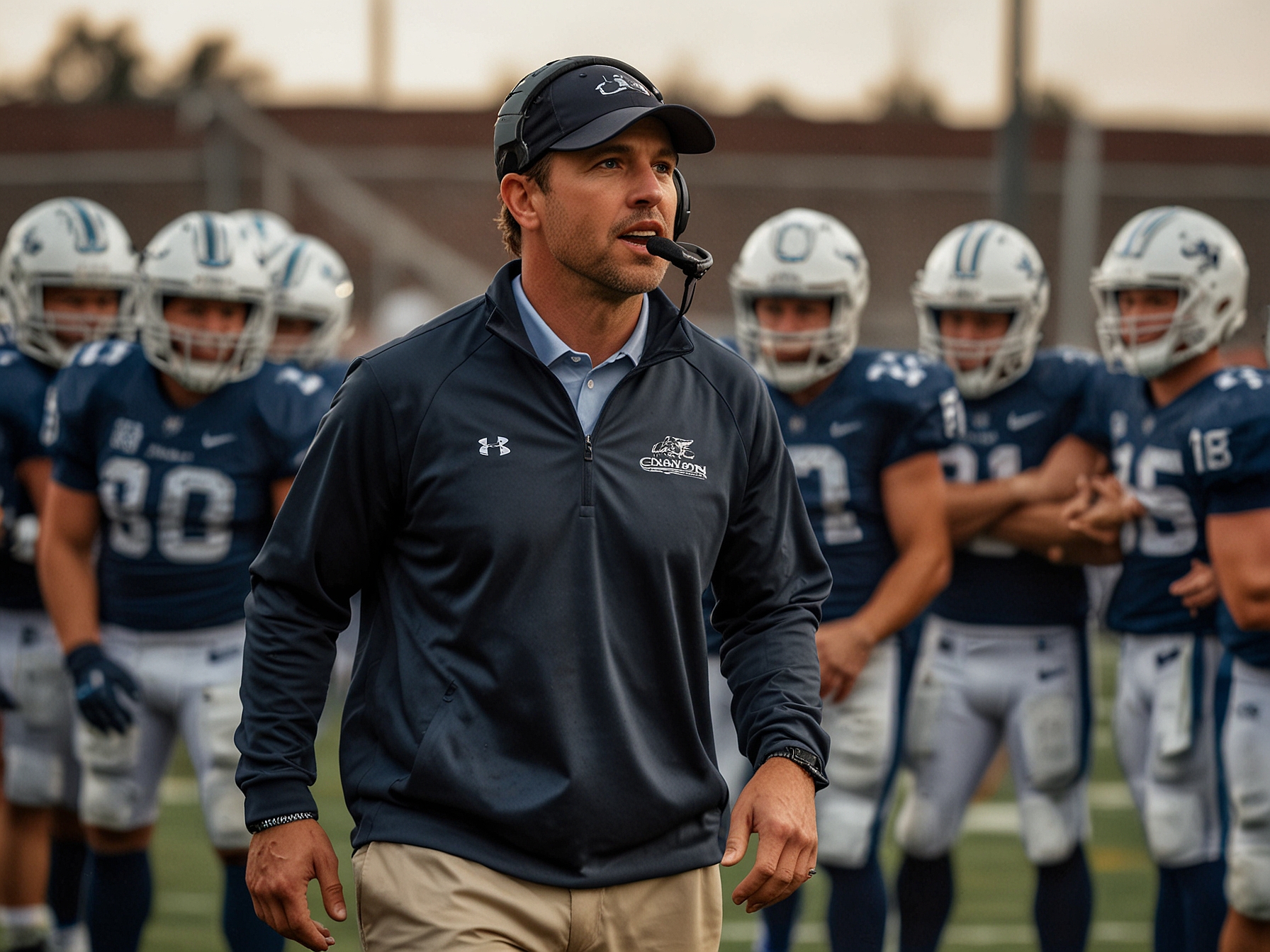A dynamic action shot of Coach Matt Entz on the sidelines, passionately engaging with players during a game, showcasing his determination and leadership on the field.