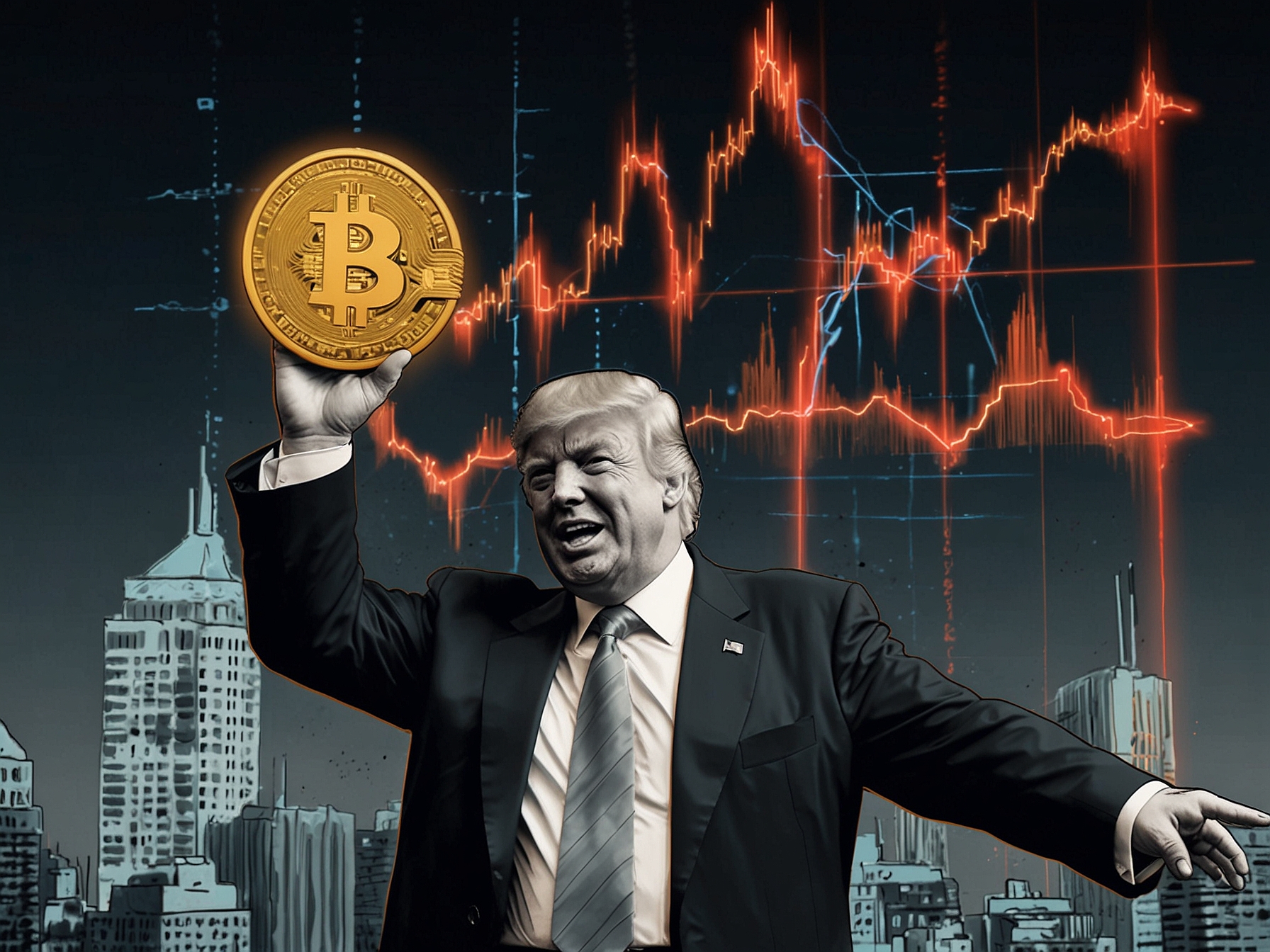 A stock market analyst reviewing Bitcoin trends on a screen, with the backdrop of financial newspapers highlighting Trump's nomination of Paul Atkins and World Liberty Financial initiative.