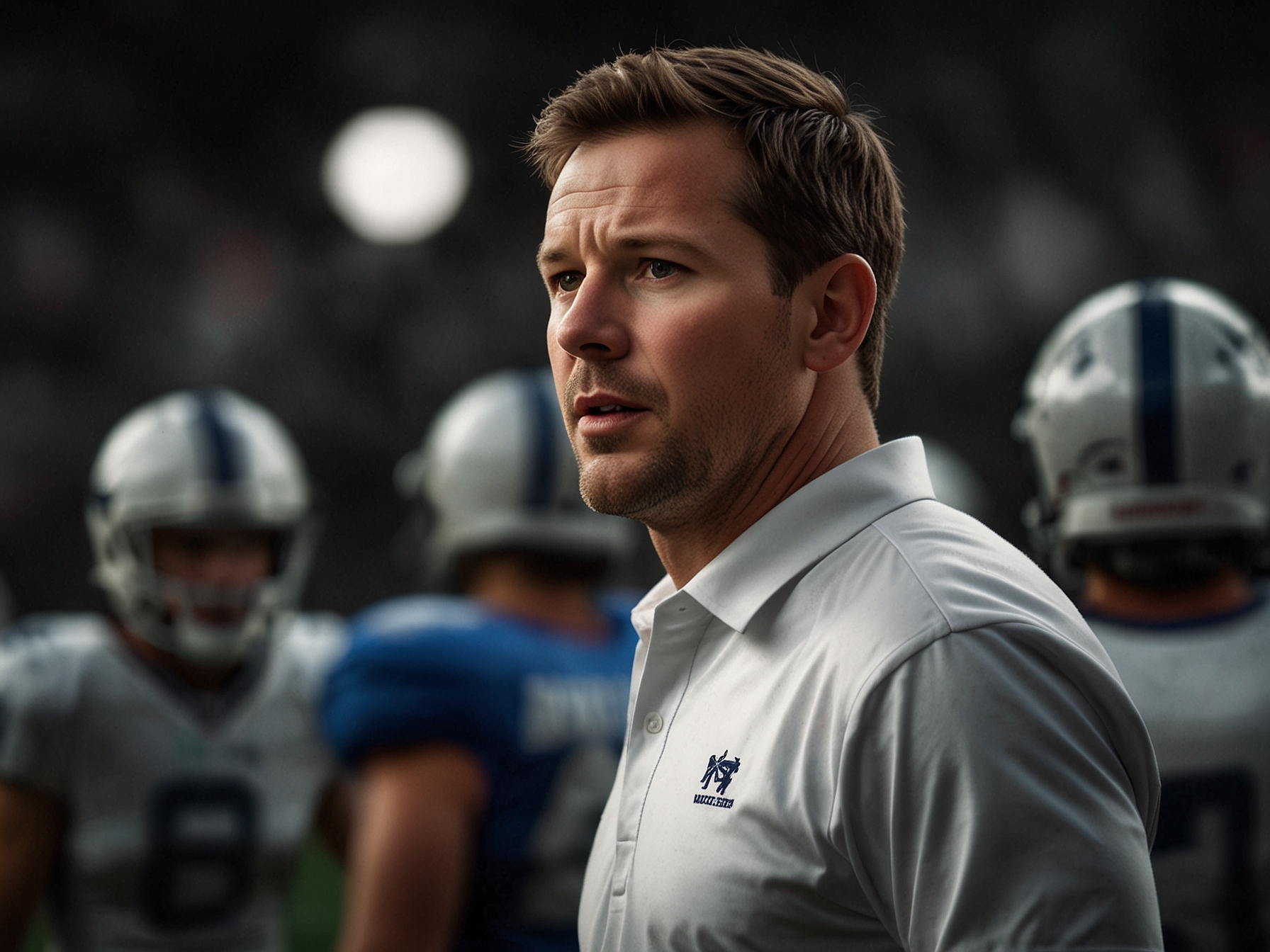 A close-up portrait of Matt Entz with a serious yet optimistic expression, symbolizing his commitment and vision for the future of Fresno State football.