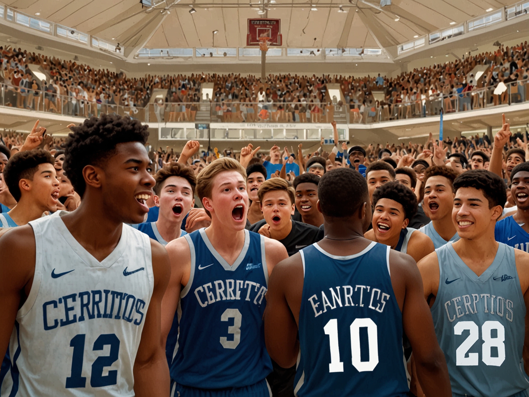 A packed Intuit Dome filled with cheering fans, showcasing the Cerritos High boys basketball team in action against La Serna High, capturing the excitement and intensity of the game.