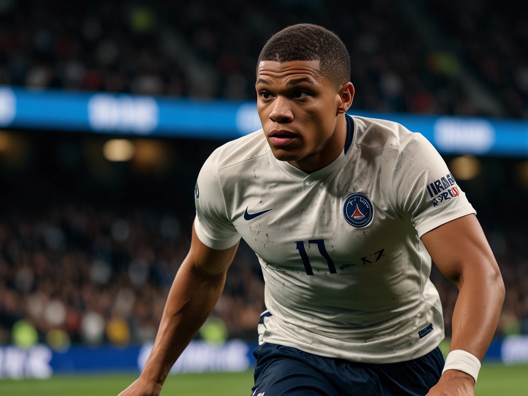 A dynamic action shot of Kylian Mbappé during a match, showing his intense focus and determination as he dribbles the ball past defenders, illustrating his struggle and commitment to overcoming recent challenges.