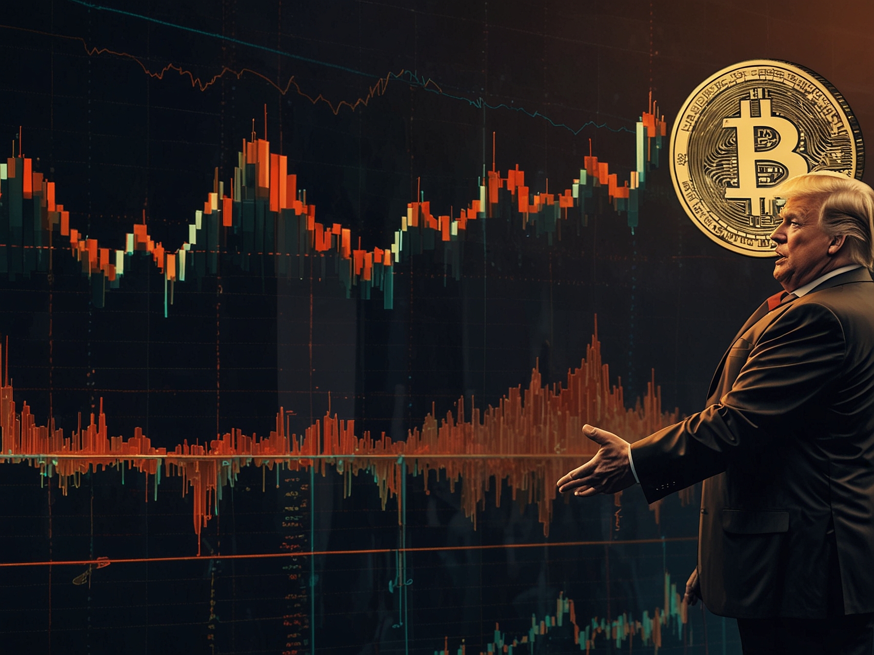 An aerial view of Wall Street with digital cryptocurrency symbols floating above, illustrating the burgeoning interest in Bitcoin amidst new political leadership.