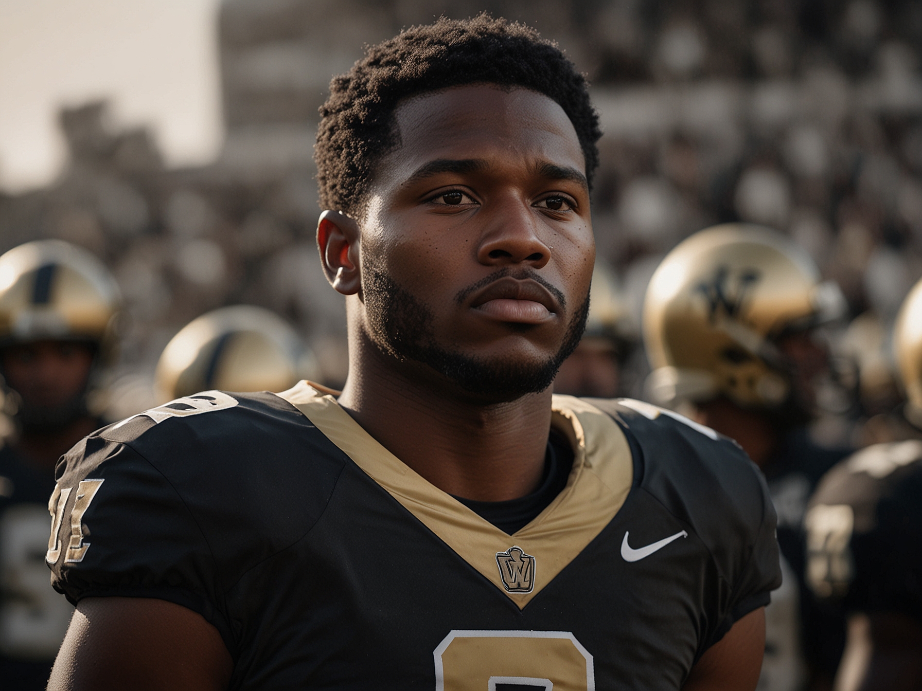 A somber Nate Johnson in Vanderbilt football gear, standing on the sidelines during a game, reflecting on his decision to transfer, with teammates in the background focused on play.