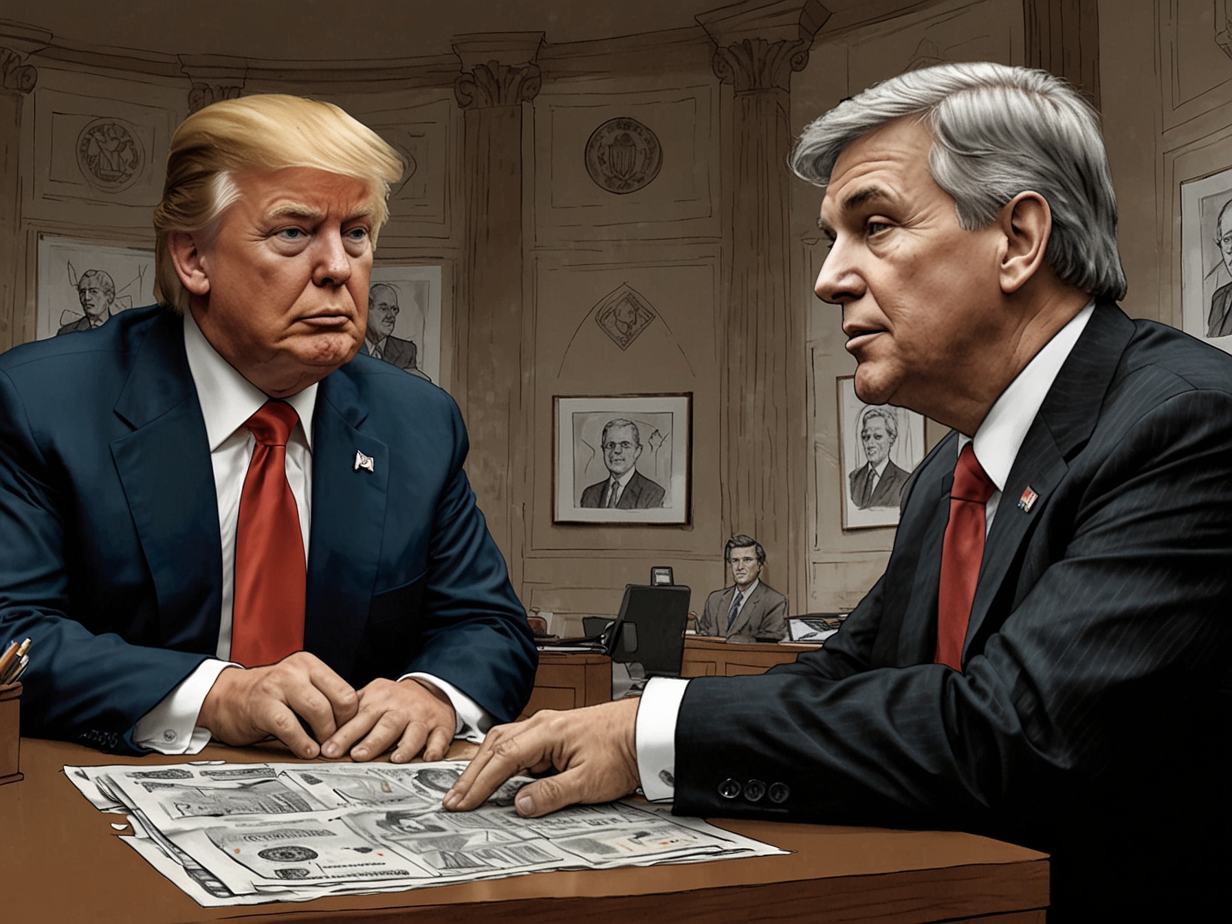 An illustration showing Trump with key appointees Billy Long, Kelly Loeffler, and Frank Bisignano, set against a backdrop of financial symbols and government agency buildings, symbolizing their respective roles.