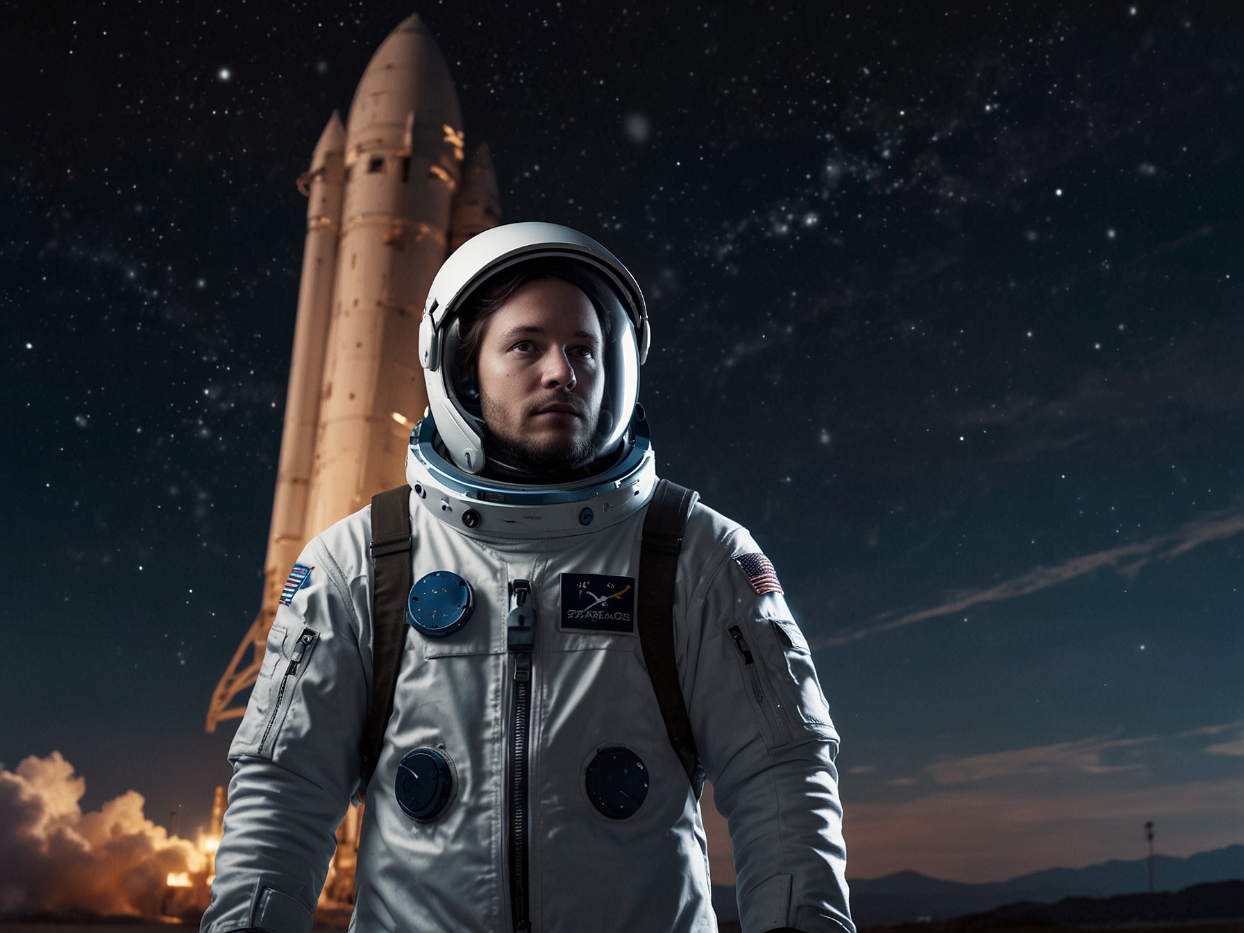 An illustration of Jared Isaacman in a space suit, standing proudly in front of a SpaceX rocket against a starry background, symbolizing the future of space exploration.