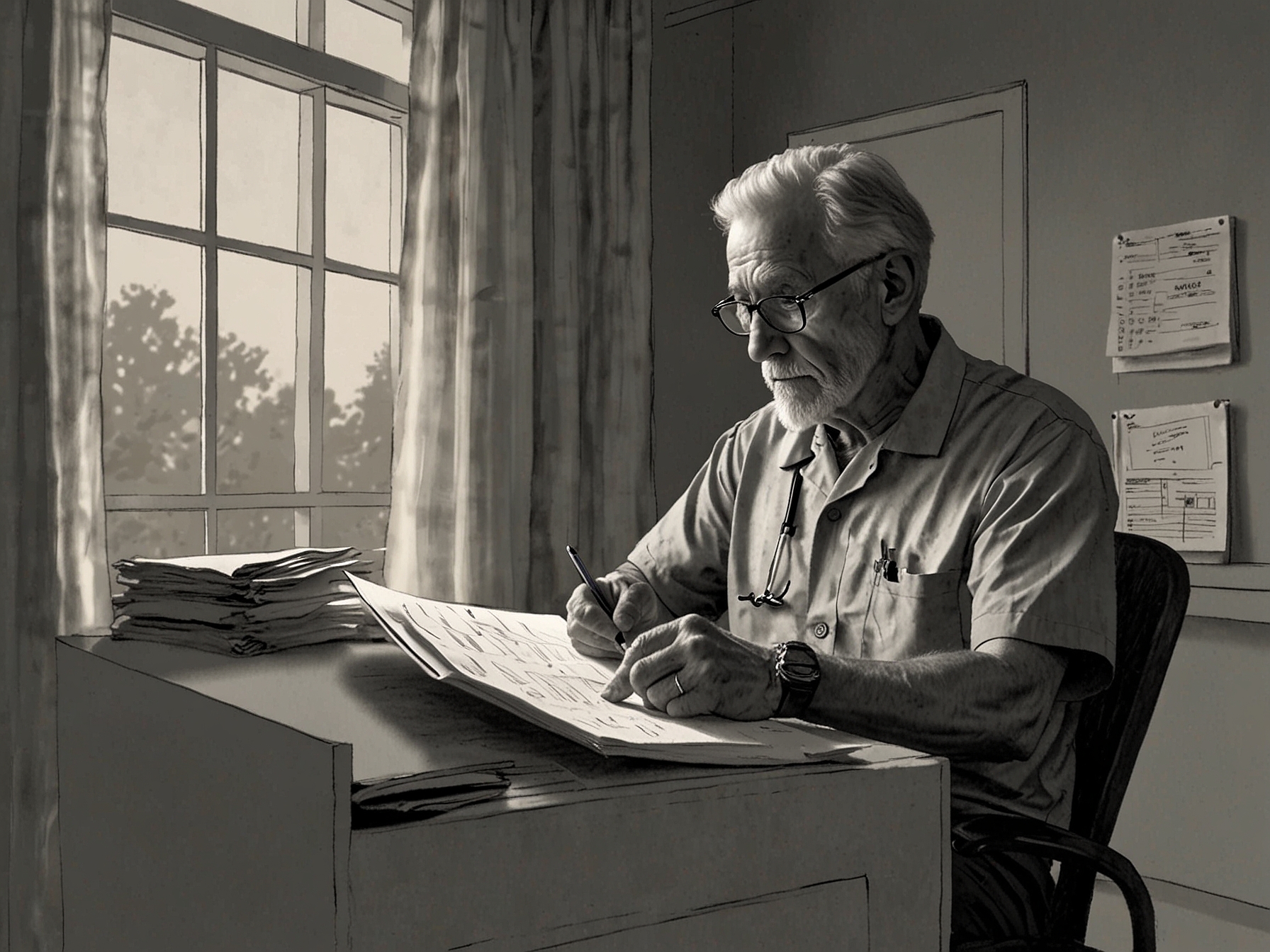 A concerned patient reviewing medical paperwork at a hospital, contemplating upcoming surgery expenses due to changes in anesthesia coverage from Anthem Blue Cross Blue Shield.