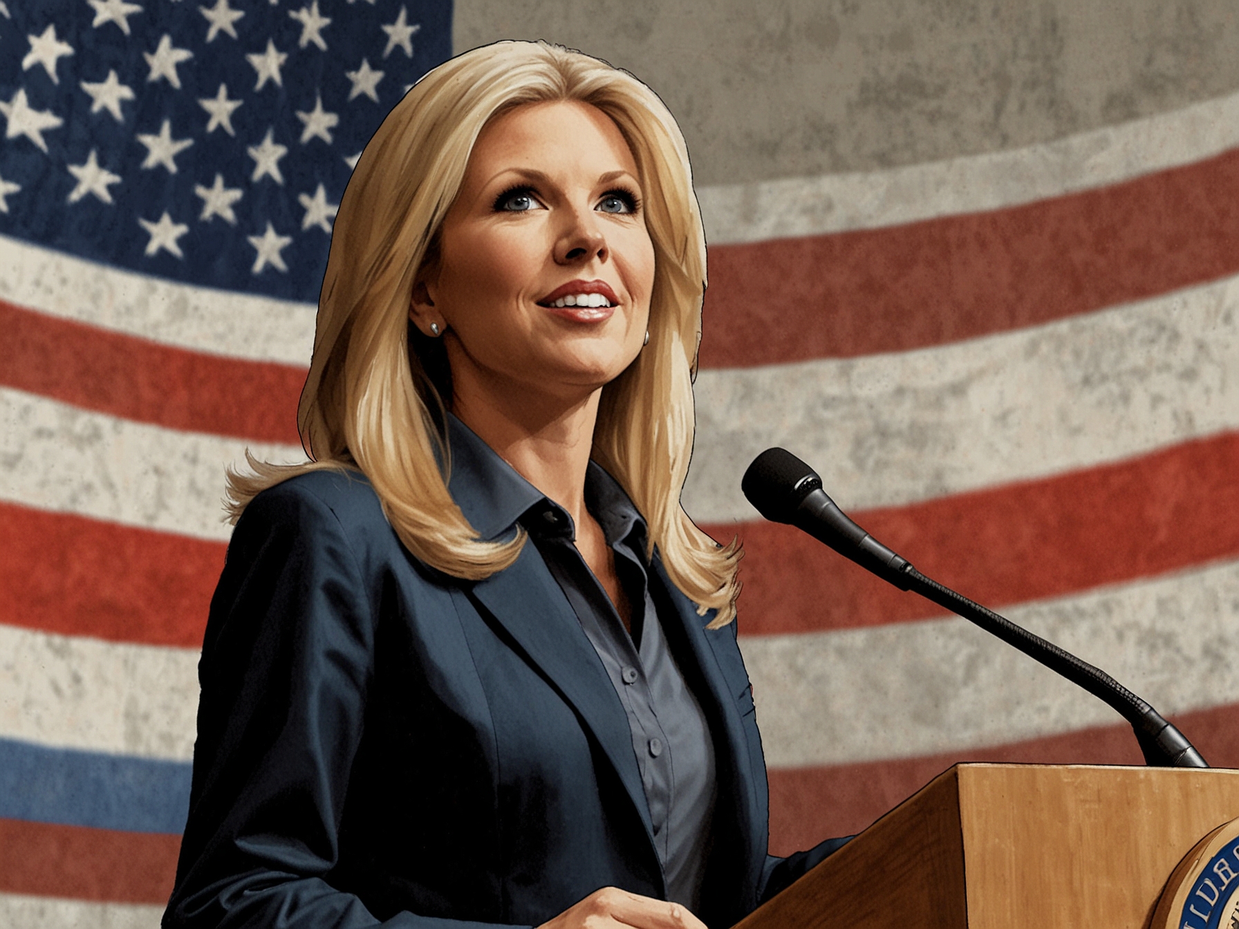 A photo of Monica Crowley confidently speaking at a podium, with the U.S. flag in the background, symbolizing her new role at the State Department.