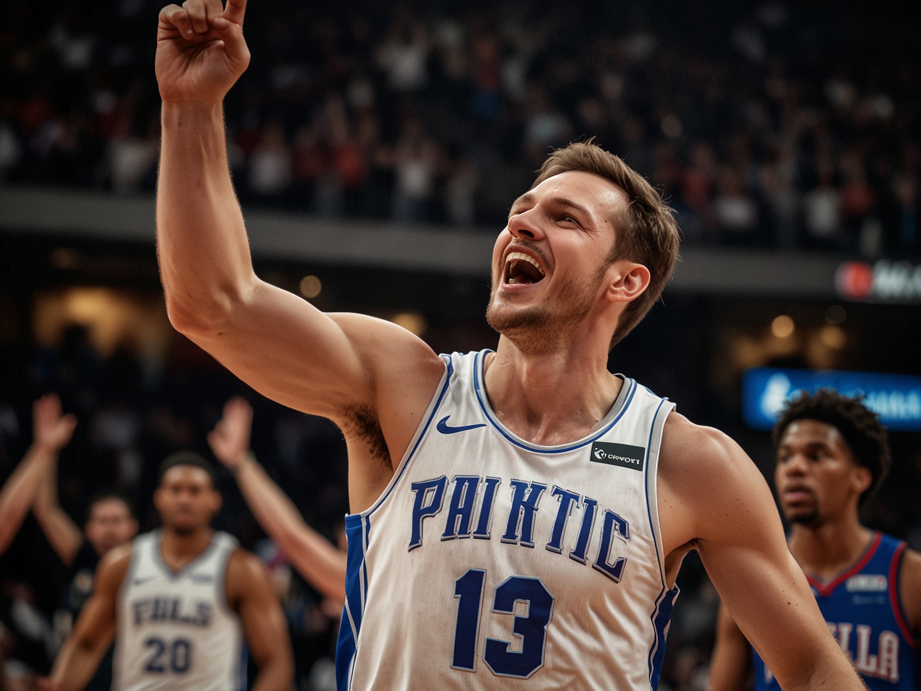 Franz Wagner celebrates after scoring a key basket during the game against the Philadelphia 76ers, highlighting his pivotal role in the Magic's win.
