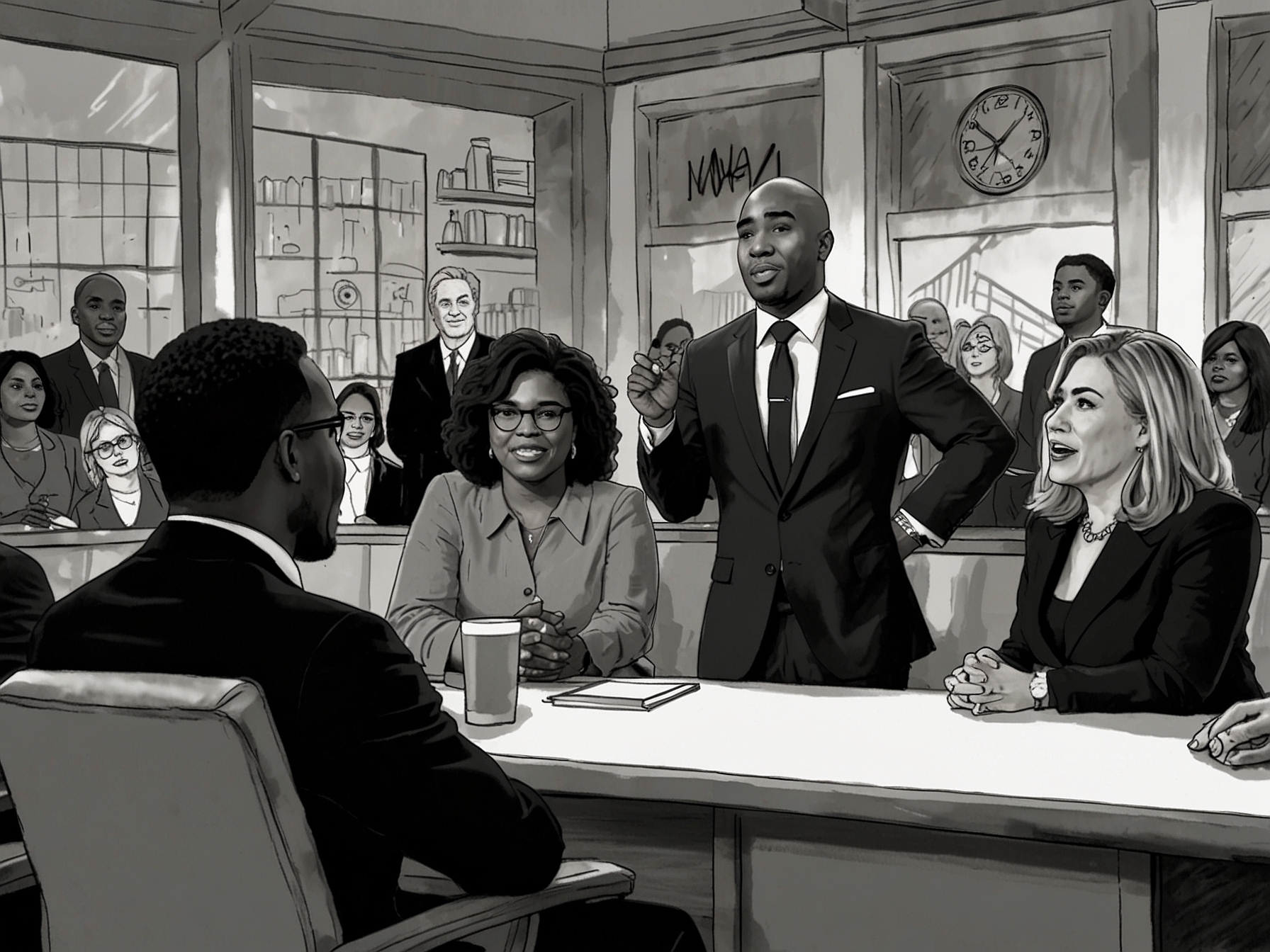 Charlamagne Tha God speaking passionately during the live debate on 'The View', surrounded by the show's cohosts who are engaged in the conversation.