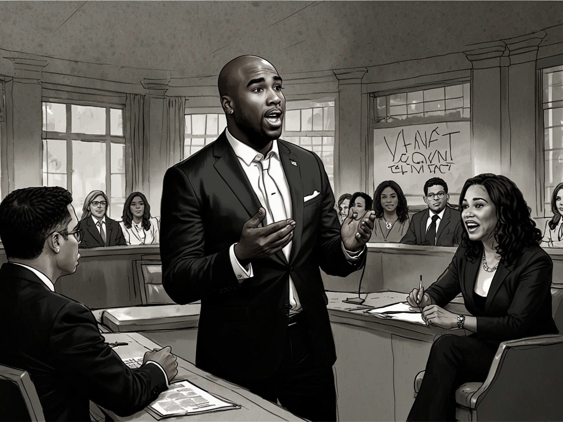 Close-up of Charlamagne Tha God with an intense expression, highlighting the seriousness of the debate about political accountability and media trust.