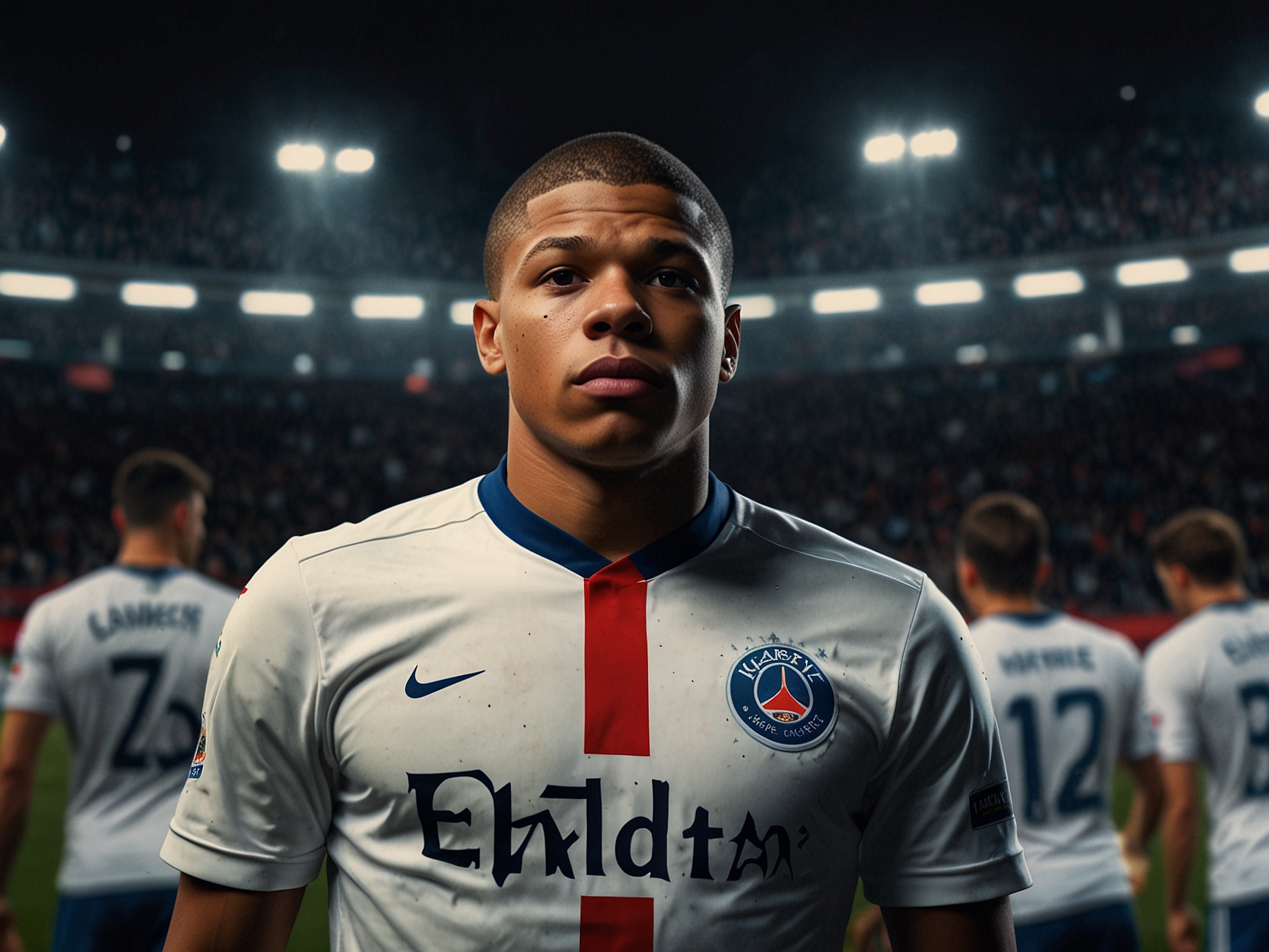 Kylian Mbappe standing on the pitch with a look of determination, surrounded by teammates and fans, capturing the emotional intensity of high-stakes football. His gaze reflects the pressure and expectations he faces as a star player.