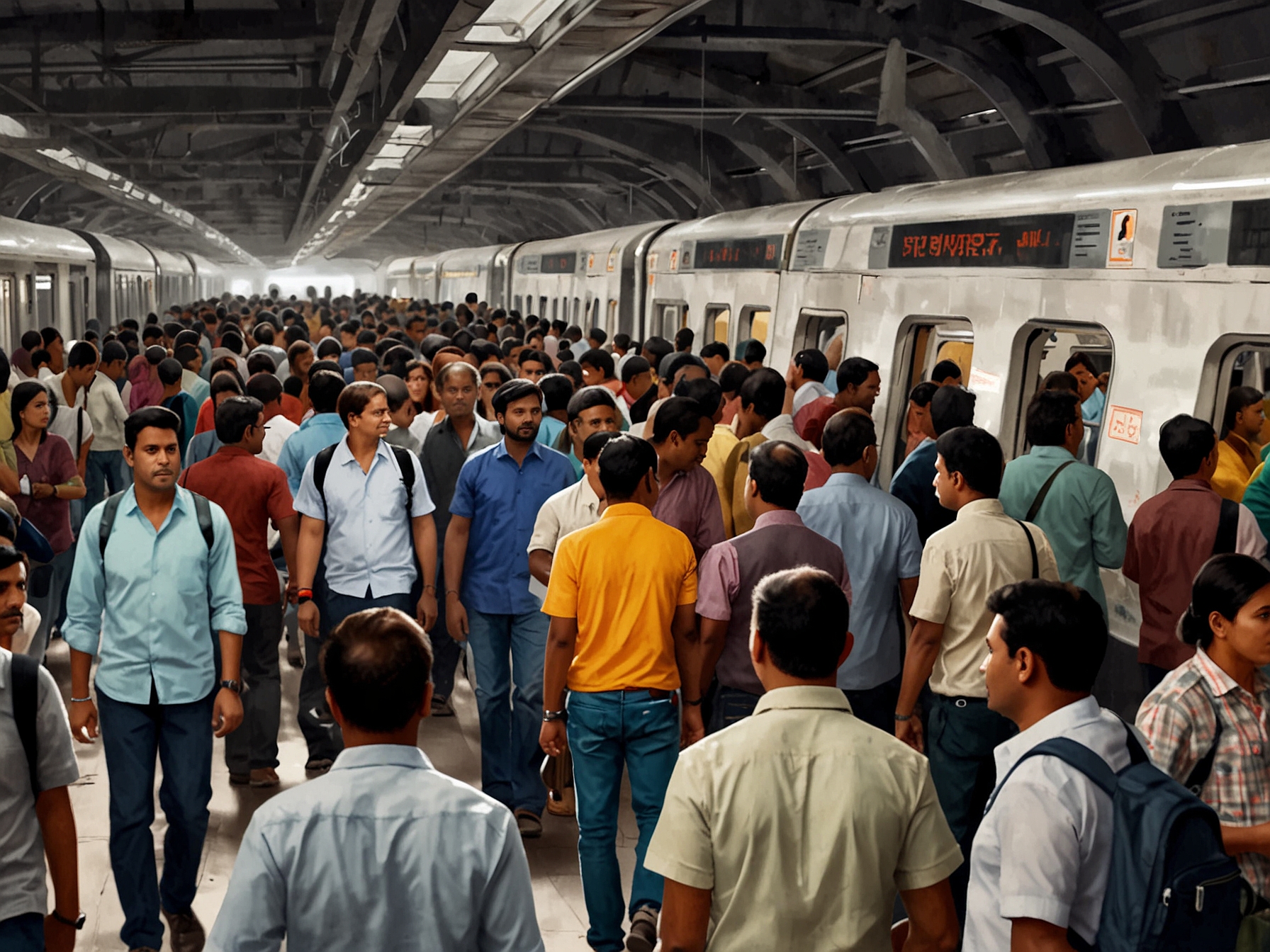 A crowded Delhi Metro station during rush hour, with passengers anxiously waiting for trains amidst signs indicating service delays due to cable theft. The scene captures the hustle and bustle of urban commuting.