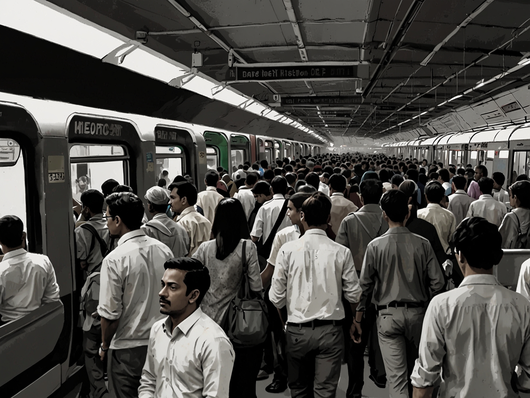 A frustrated commuter checking their watch while holding a cup of coffee, surrounded by others at a busy metro platform, illustrating the human impact of transportation delays.