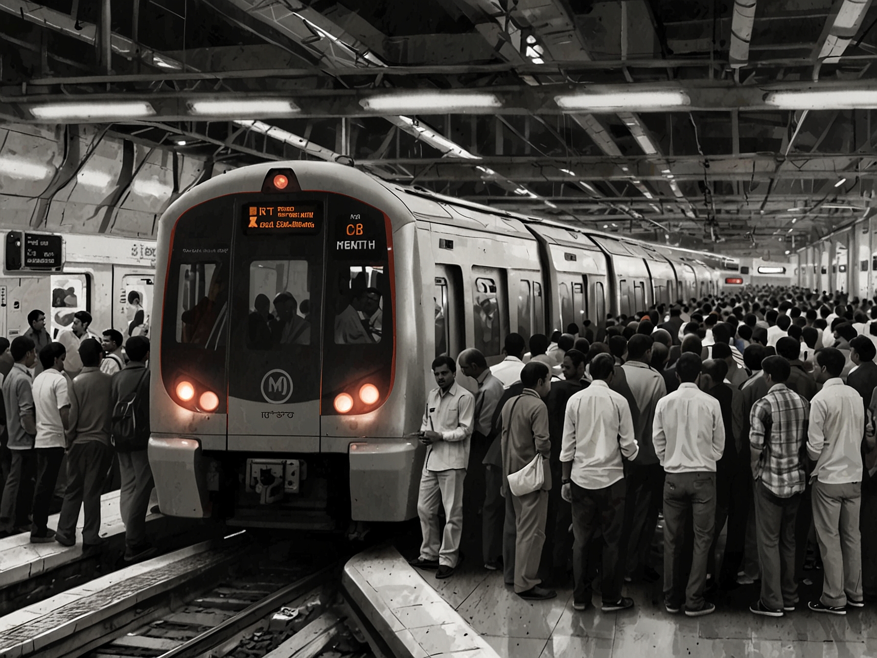 An informational DMRC display board showing service interruptions on the Blue Line, highlighting the chaos and confusion caused by a cable theft incident.